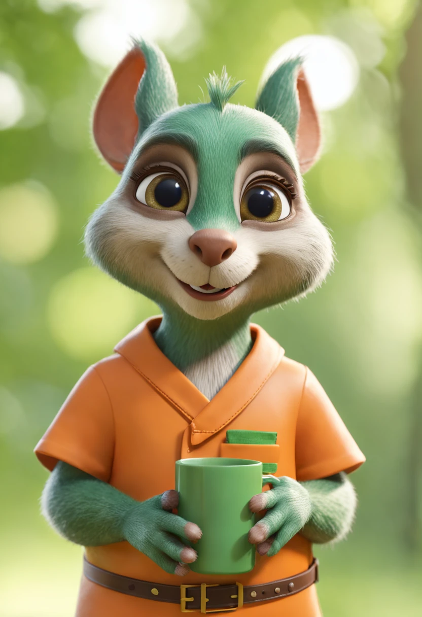 Cartoon of a squirrel wearing a green apron and orange shirt, cute cartoon image, cartoon shadows, cute characters, cute forest creatures, cartoon style, cartoon illustrations, Disney, 3D, 3D, sculpture, art, detailed