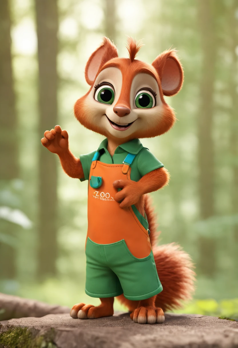 Cartoon of a squirrel wearing a green apron and orange shirt, cute cartoon image, cartoon shadows, cute characters, cute forest creatures, cartoon style, cartoon illustrations, Disney, 3D, 3D, sculpture, art, detailed