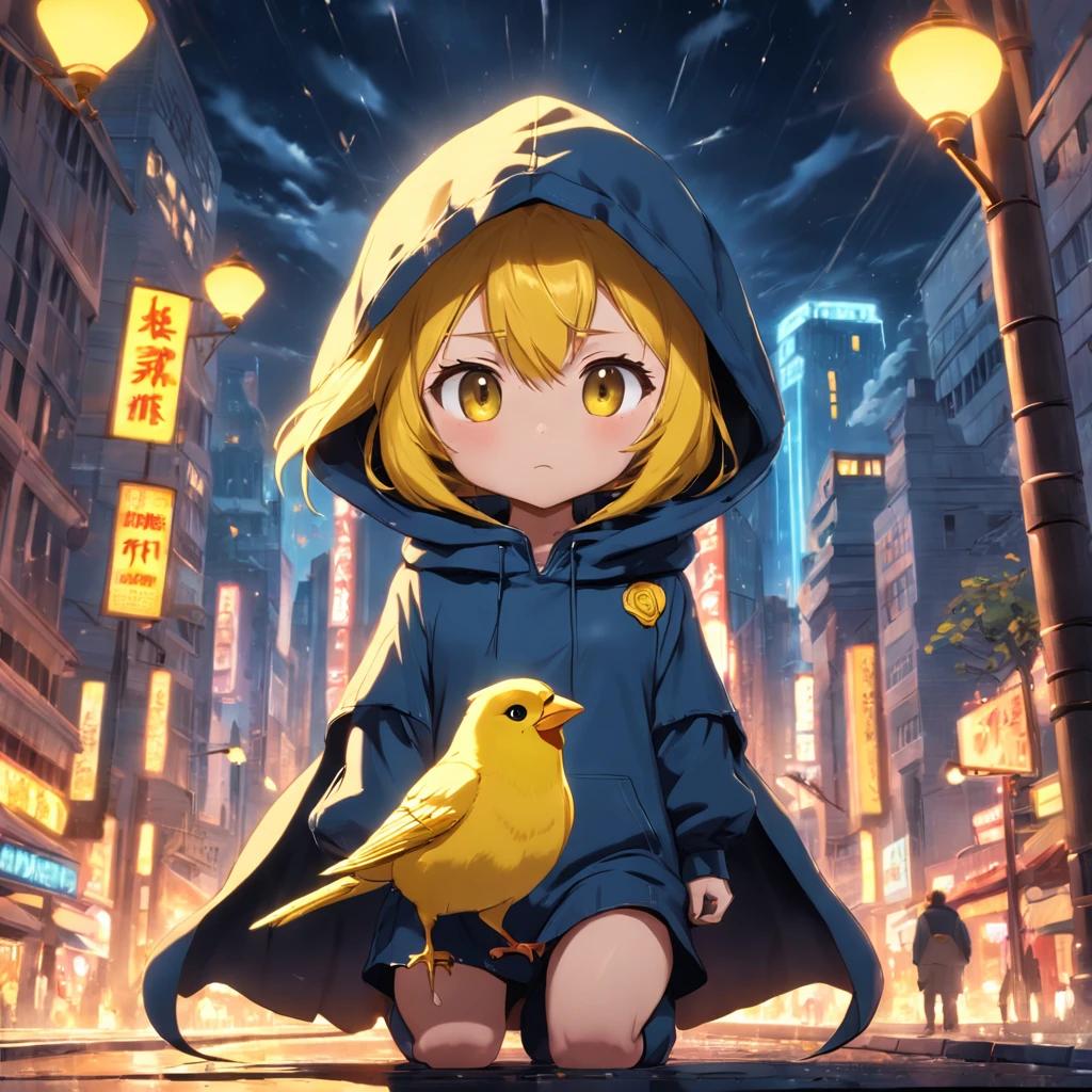 Cute canary in Disney movie style, Wear a hood, cinematic lightning, Deep inspection, ultra - detailed, 8K picture quality.