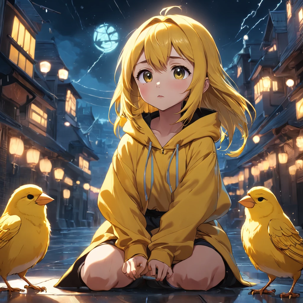 Cute canary in Disney movie style, Wear a hood, cinematic lightning, Deep inspection, ultra - detailed, 8K picture quality.
