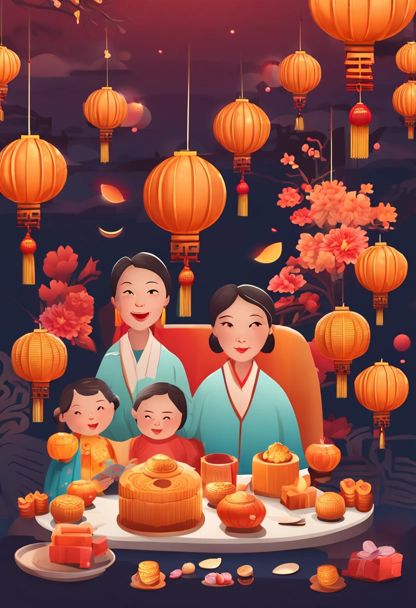 Chinese Mid-Autumn Festival,A family watching the moon and eating mooncakes,e-commerce poster, Cantonese egg yolk mooncakes, Mooncake size, Mid-Autumn Festival poster, Fresh style background, Booth lighting, Attractive, photorealistic colors, Ultra HD