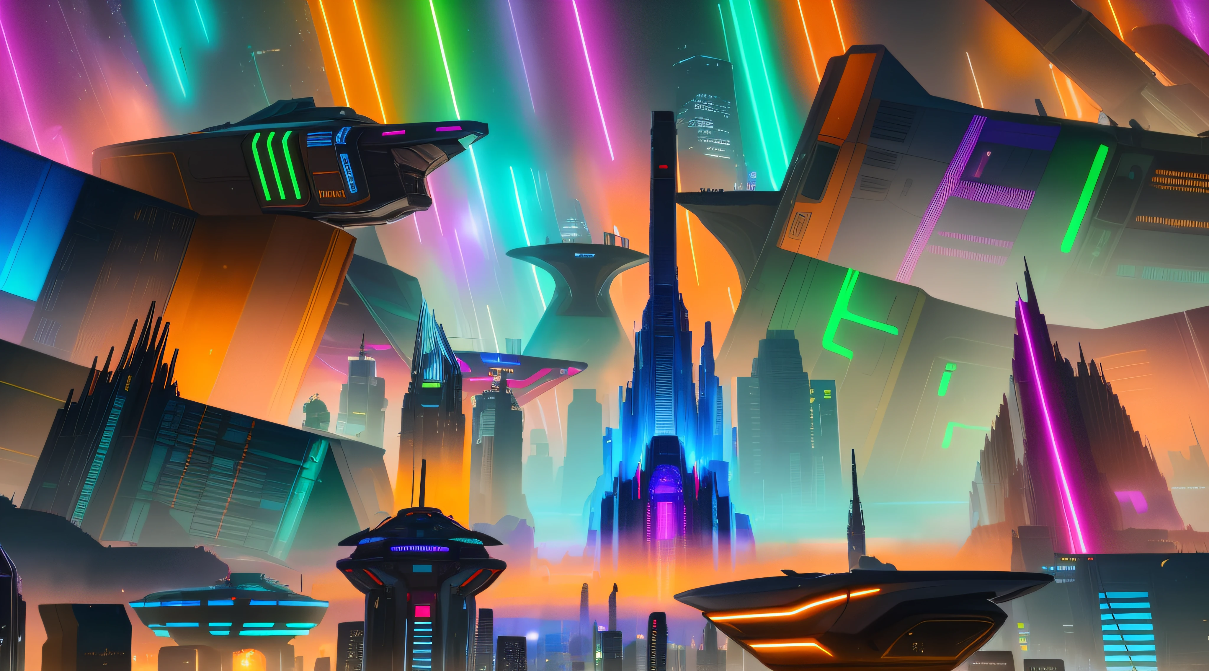 a close up of a bunch of different colored lightsabents, colorful dystopian futurism, dense hypermaximalist metropolis, futuristic city backgrond, colorful concept art, futuristic digital painting, retrofuturistic digital painting, an alien cityscape, background art, futuristic city backdrop, alien cityscape, dreamy colorful cyberpunk colors, futuristic art style, a collage of space travel, geometric futuristic cityscape