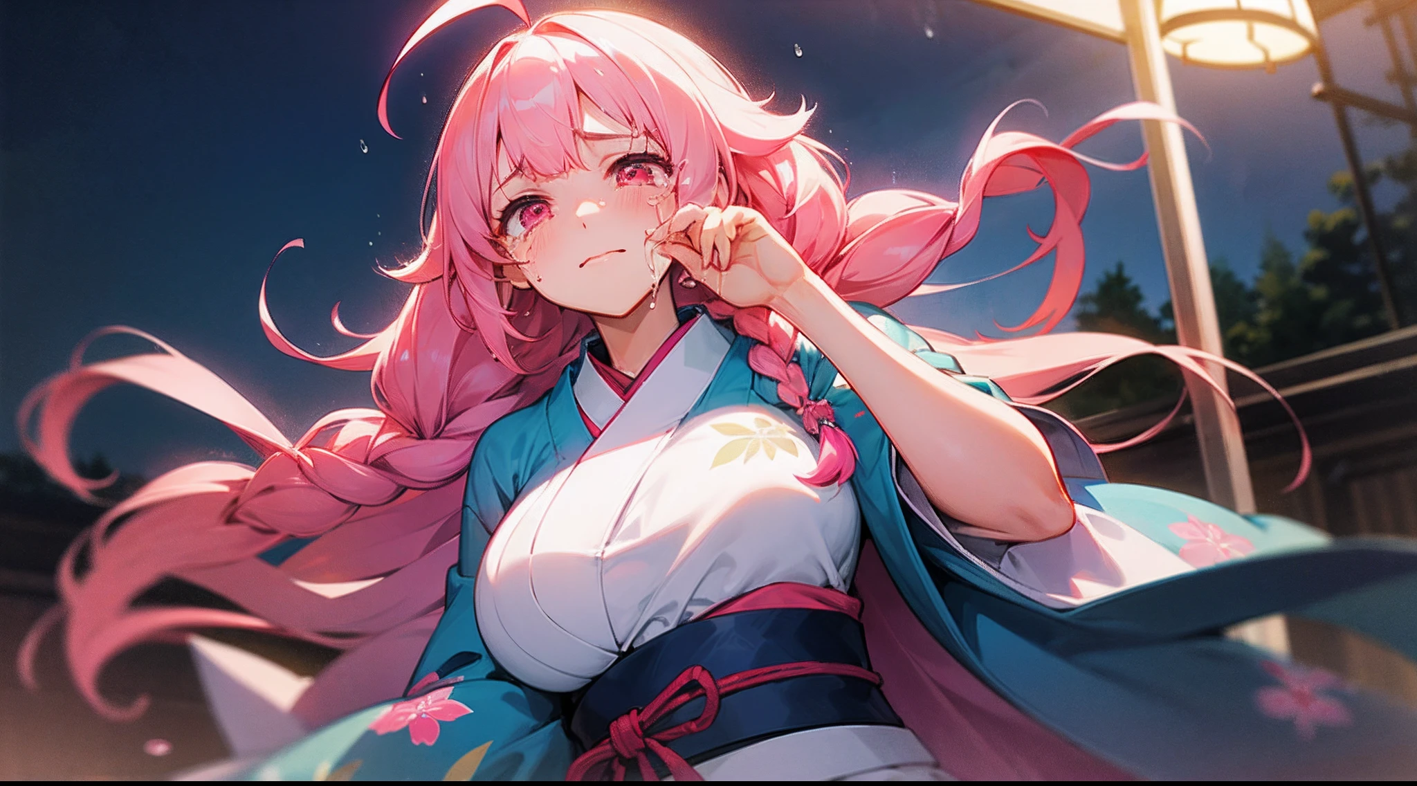 1girl, game CG, floral blue kimono, gigantic breasts, pink hair, long hair, braids, princess hairstyle, ahoge, pink eyes, night, tears, sad,