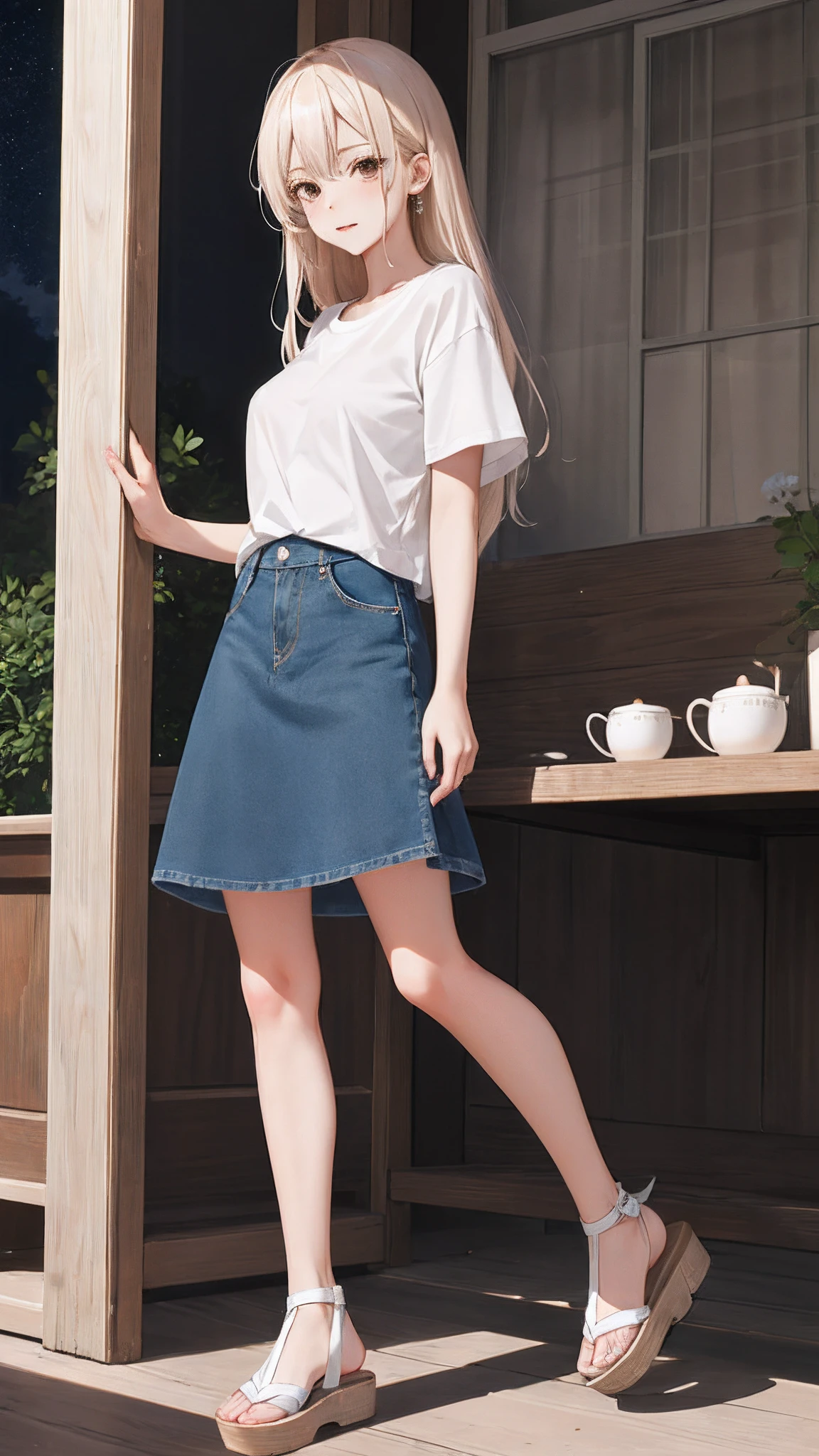 (masutepiece), (Best Quality), {girl|Lady}, Looking at Viewer, {day|Night}, {Indoors|Outdoors},
long cream-colored hair、Sharp face、white t-shirts、Denim long skirt、White platform sandals、Seductive facial expressions