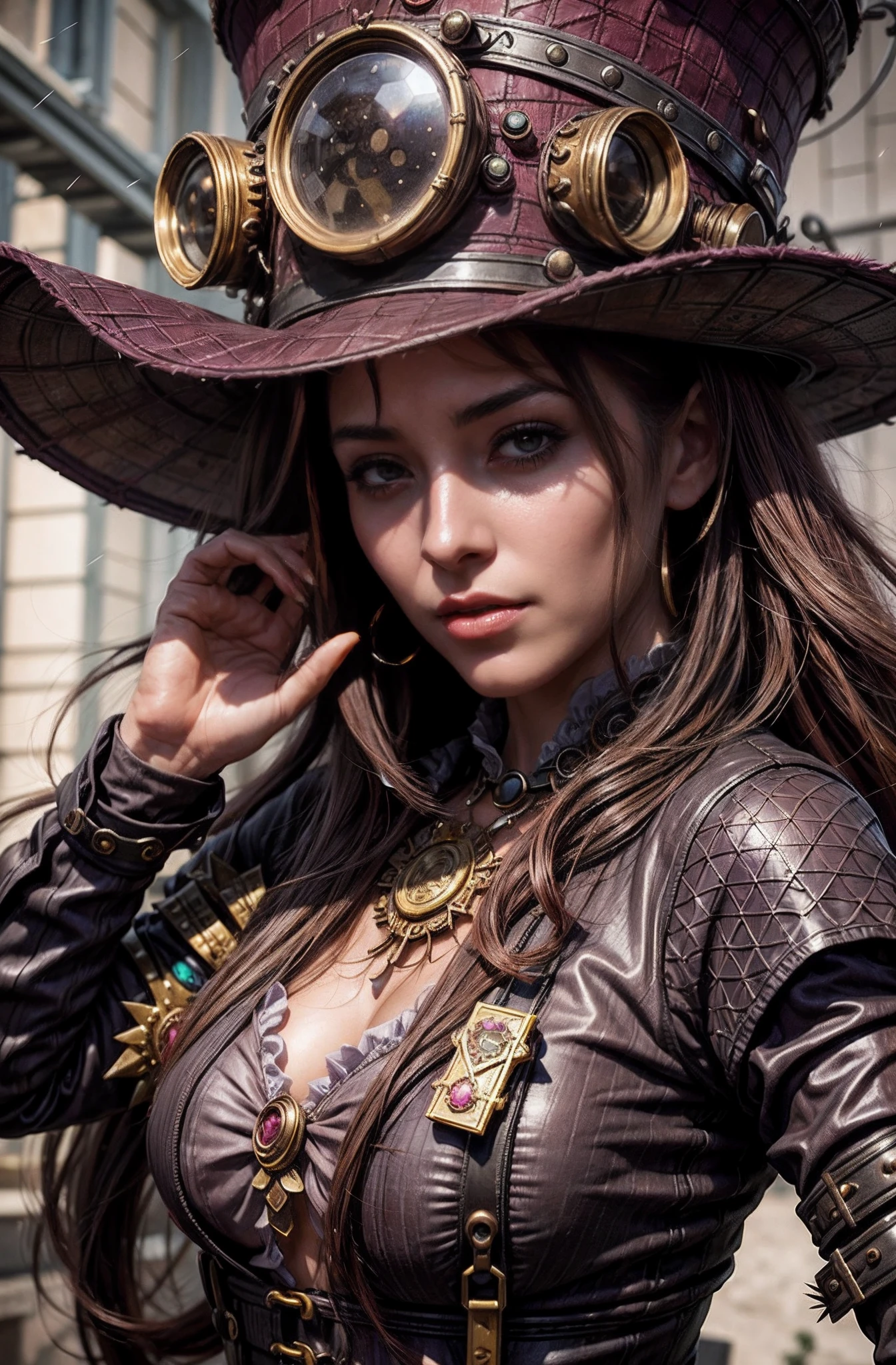 close up, beautiful woman in the hat and round steel gear, long black hair, round black sunglasses, steampunk clothing, ((steampunk)), cinematography, crafted, elegant, meticulous, magnificent, maximum details, extremely hyper aesthetic, intricately detailed, cinematic lighting. 