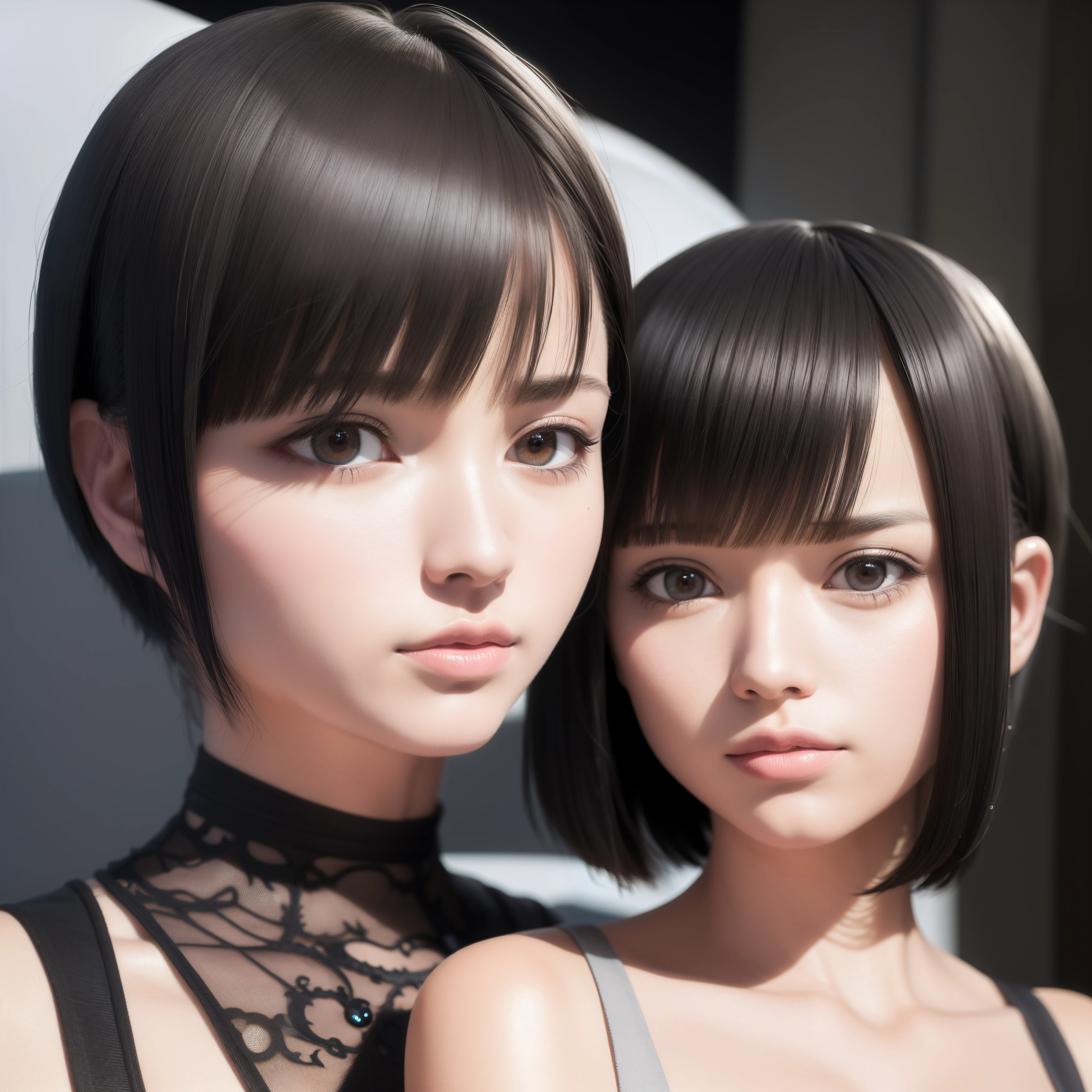 Two women with short black hair and bangs posing for a photo, 3 d anime realistic, Realistic anime 3 D style, hyper realistic anime, Photorealistic anime, beautiful sci - fi twins, two beautiful anime girls, anime styled 3d, beautiful gemini twins portrait, realistic anime artstyle, photorealistic anime girl rendering, semirealistic anime style, Realistic anime
