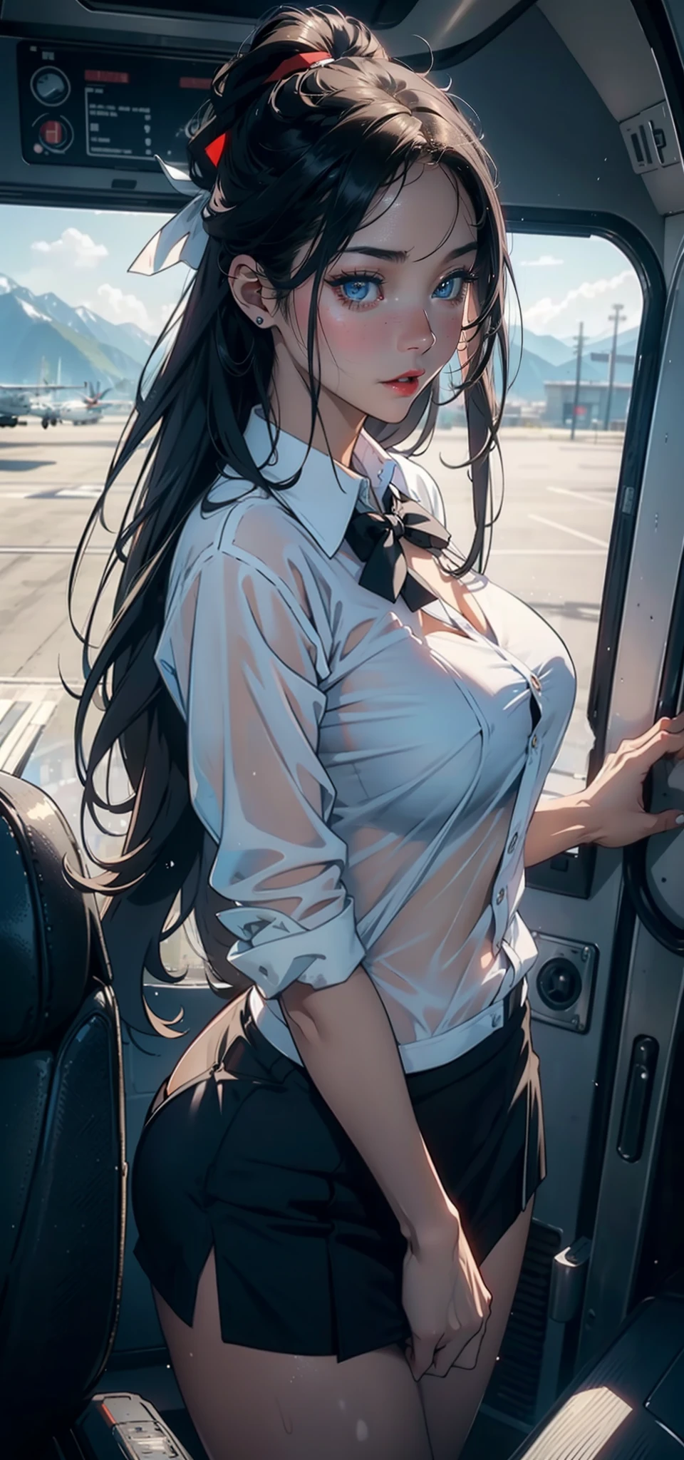 1womanl,33yo,熟妇,Bigchest,Raised sexy,Pornographic exposure, 独奏,Beauty contests,standing on your feet(Background with:aerodrome,snow mountains,Planes,at winter season,Blizzarding,Big snowflakes)in an airplane, She has long blonde hair,Long hair flutters in the wind,Redlip,Black girl,dynamicposes,Sweat profusely,drenched all over the body,seen from the front, hair straight, mostly cloudy sky,(((tmasterpiece),(Very detailed CG unity 8K wallpaper),best qualtiy,cinmatic lighting,detailed back ground,beatiful detailed eyes,Bright pupils,(Very fine and beautiful),(Beautiful and detailed eye description),Blue eyes,Redlip,ultra - detailed,tmasterpiece,)),facing at camera,(The upper part of the body),A high resolution,ultra - detailed),revealing breasts,Bare genitalia, Bulge,legs are open,sexyposture,Camel toes,Flushed complexion,Open-mouthed,frontage,stewardess,Boat-type caps(Wearing:White transparent flight attendant shirt,Large colored bow tie,Sexy black miniskirt)