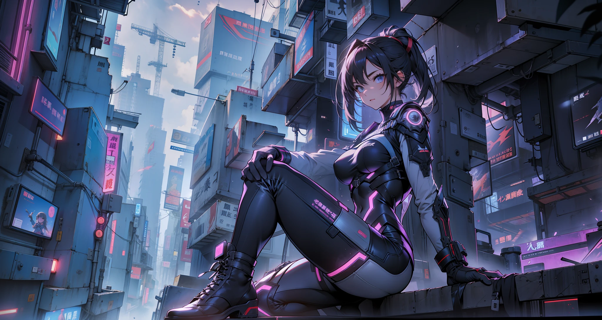 Cyber girl sitting on a ledge in the city at night。Cyberpunk anime art envelops her as digital worlds intersect。Modern cyberpunk art style illuminated by neon lights、It depicts a fusion of an anime girl and a mecha.。This art with a cyberpunk theme is、Feel like a dreamy future。With the scenery of a cyberpunk city lined with skyscrapers、Her presence is enchanting,、It seems to be wrapped in a mysterious magic。