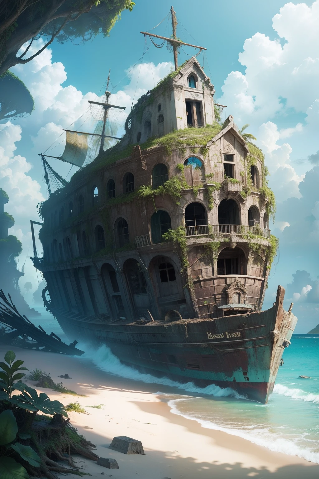 Ancient shipwreck overgrown with plants on a tropical beach