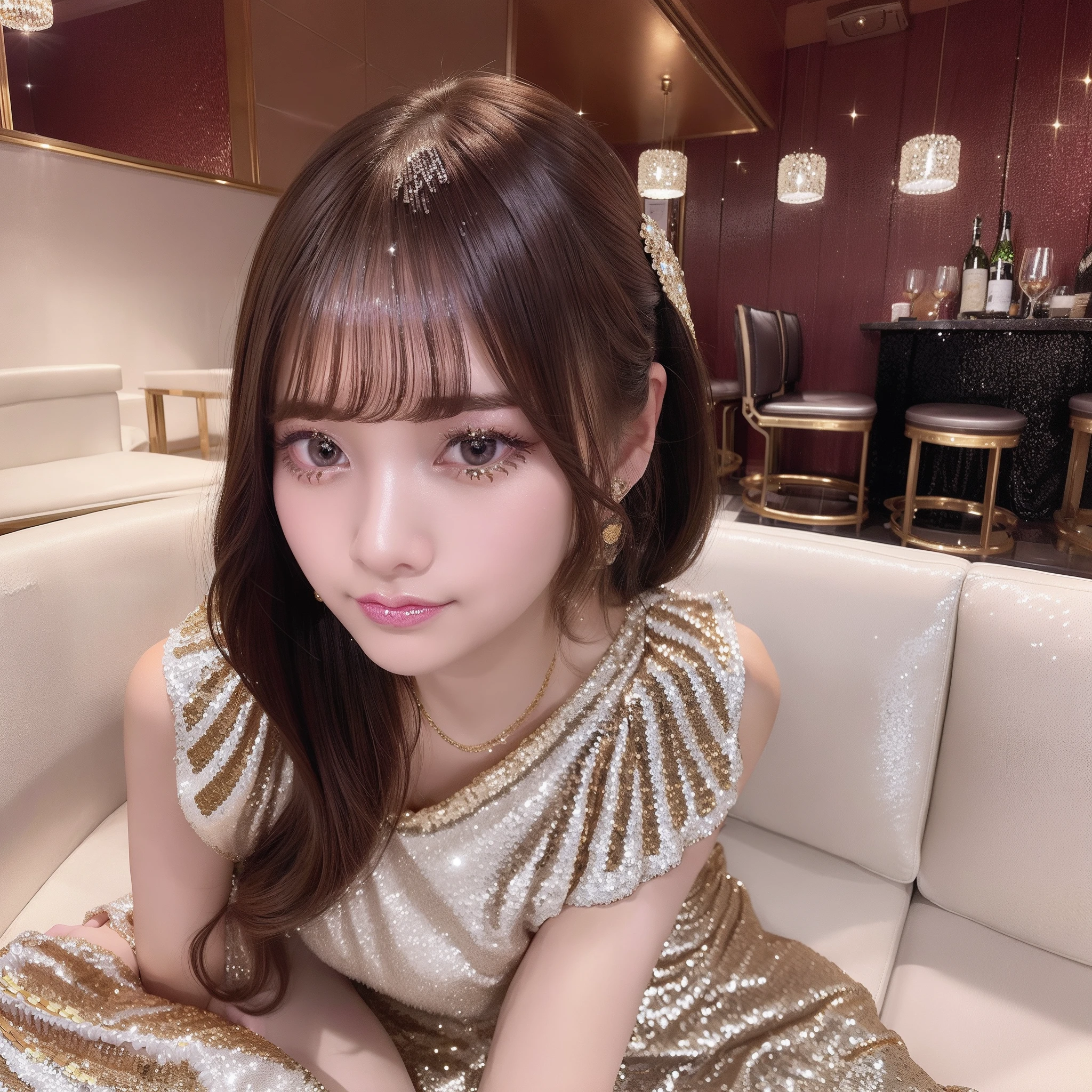 The background is a high-class girls' bar、Inside the restaurant、Limited Edition Decoration、Expensive sofa and marble table、indirect lighting、Floor light、
1 rapariga、Upstyle、(Sequin Dresses:1.3)、high-heels、Sparkly jewelry、huge tit