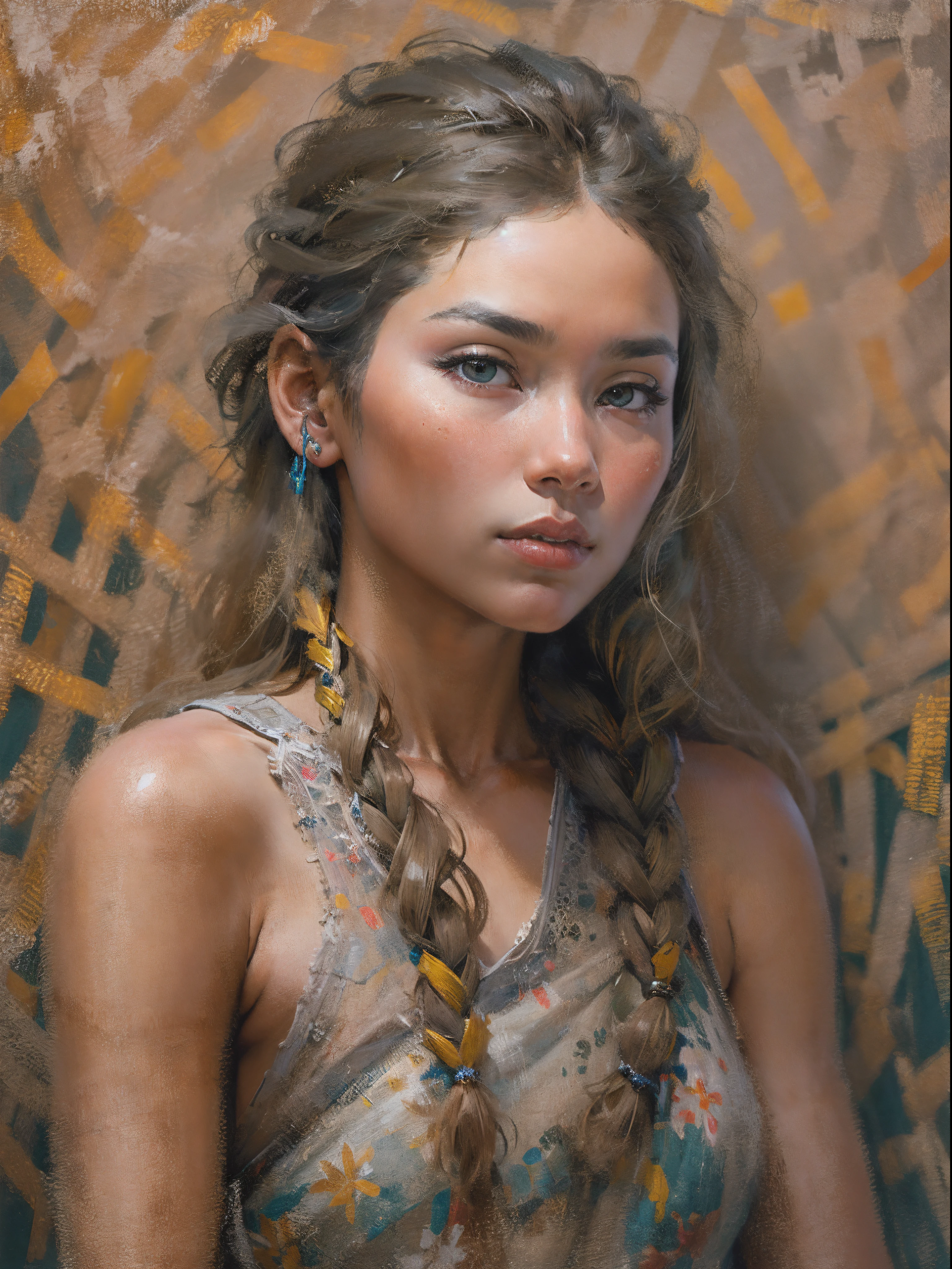 ((Best quality)) , ((Masterpiece)) , (Detailed) , [ (The art of Joseba Eloza:0.7) , (Art by Alex Gray:1.2) , (The art of Mikhail Larionov:1.3) ::7], Spray paint style, Charming irresistible skinny Hmong (climber:1.3) As French princess, Two-tone Dutch braid hairstyle, Sudanese cigarettes, From inside Narnia, Shallow depth of field, Rough sketch, Light, Surreal, atom punck, emphasis lighting, f/2.8, Dripping beige, Halo, 8K resolution