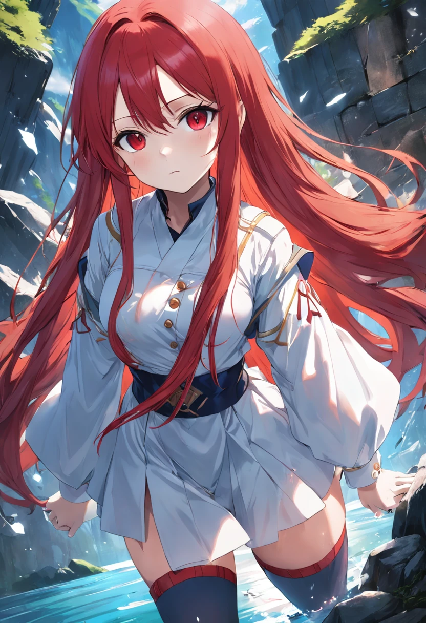 Long red hair and red eyes,Western fantasy,White and blue clothes,white stockings,animemanga girl,lakes,