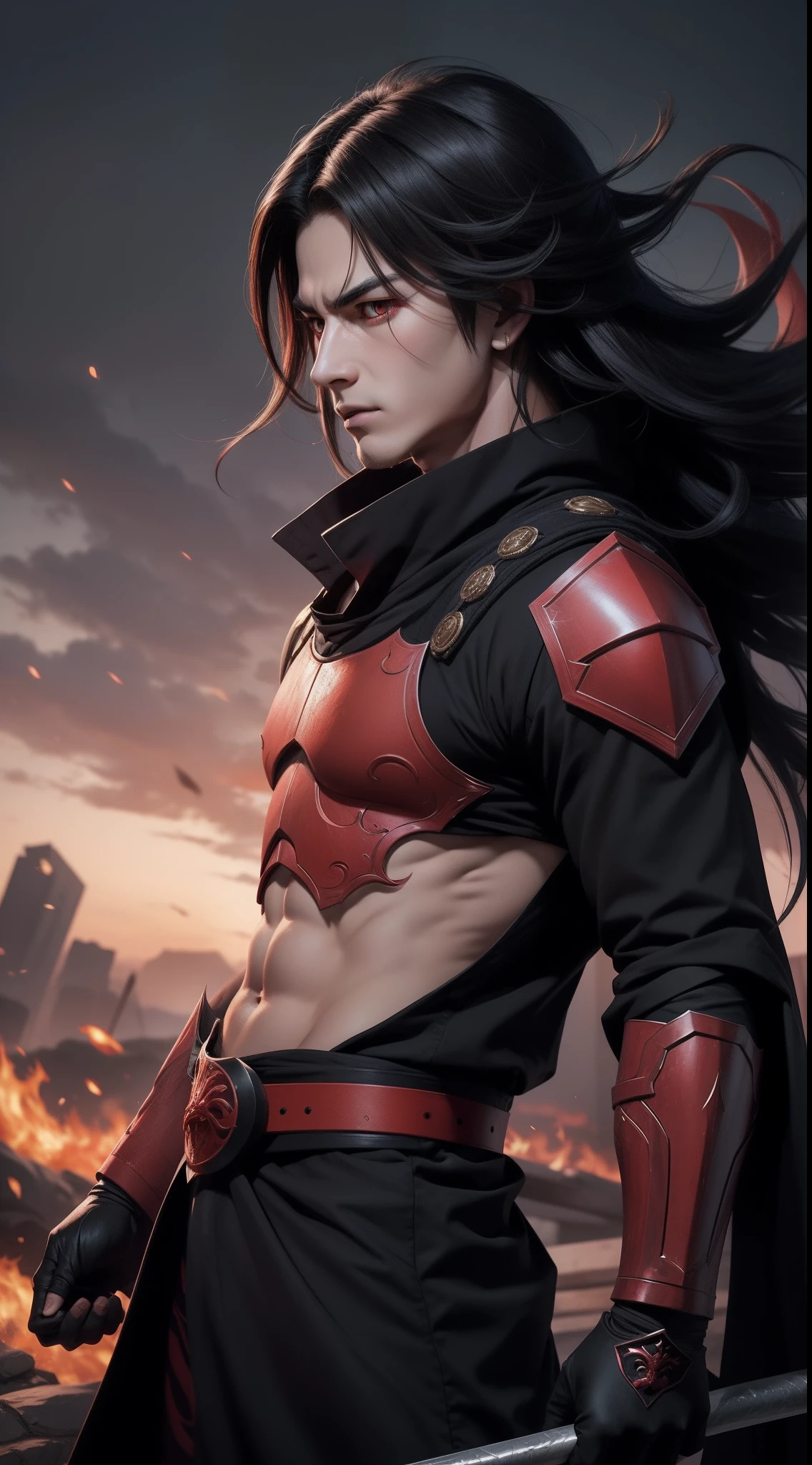 A muscular demon slayer with red and black long spiky hair, wearing a black haori, bored expression, detailed eyes, sclera, full body, in a forest background, (best quality,4k,8k,highres,masterpiece:1.2),ultra-detailed,(realistic,photorealistic,photo-realistic:1.37),highly detailed,intricate details,hyper detailed,sharp focus,vivid colors,cinematic lighting