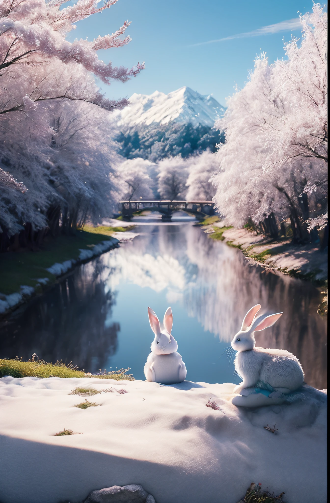 Two white rabbits sit on the banks of the river, a forest with bunnies, anime beautiful peace scene, bunny rabbit, Truly beautiful nature, [ 4 k digital art ]!!, 4 k hd wallpaper very detailed, fantasy matte painting，Cute, dreamy scene, anime nature, beautiful art uhd 4 k, Winter Scene Fantasy, beautiful anime scene