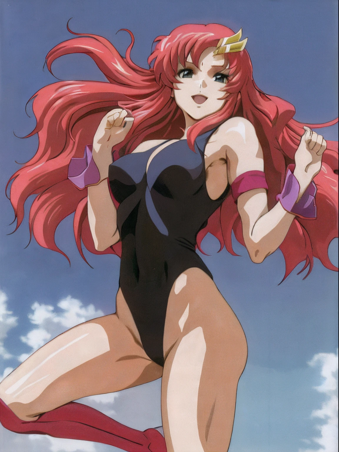 (masterpiece, 4K, Best Quality, Anime style: 1.9, bold drawing lines, High color saturation, Detailed face, tall, Adult Woman, lovely, (cloud background), Drawing lines, high resolution, Anime, lacus4), 1girl in, Solo, curvy figure, Long hair, 鎖骨, scapular, Wavy Hair, Detailed wide hair bangs, Hair Ornament, Detailed reddish-pink hair, cleavage, large hands, Big blue eyes, Smile, closed mouth, Very happy, ((closed fists)), (laughing, open mouth), ((medium breasts)), ((strapless wrestling leotard), (wrestling long boots), bare thighs, strong arms, biceps, rib lines, ((lean forward)), legs, standing, (hands on hips), happy, bare shoulders, (navel, belly button)