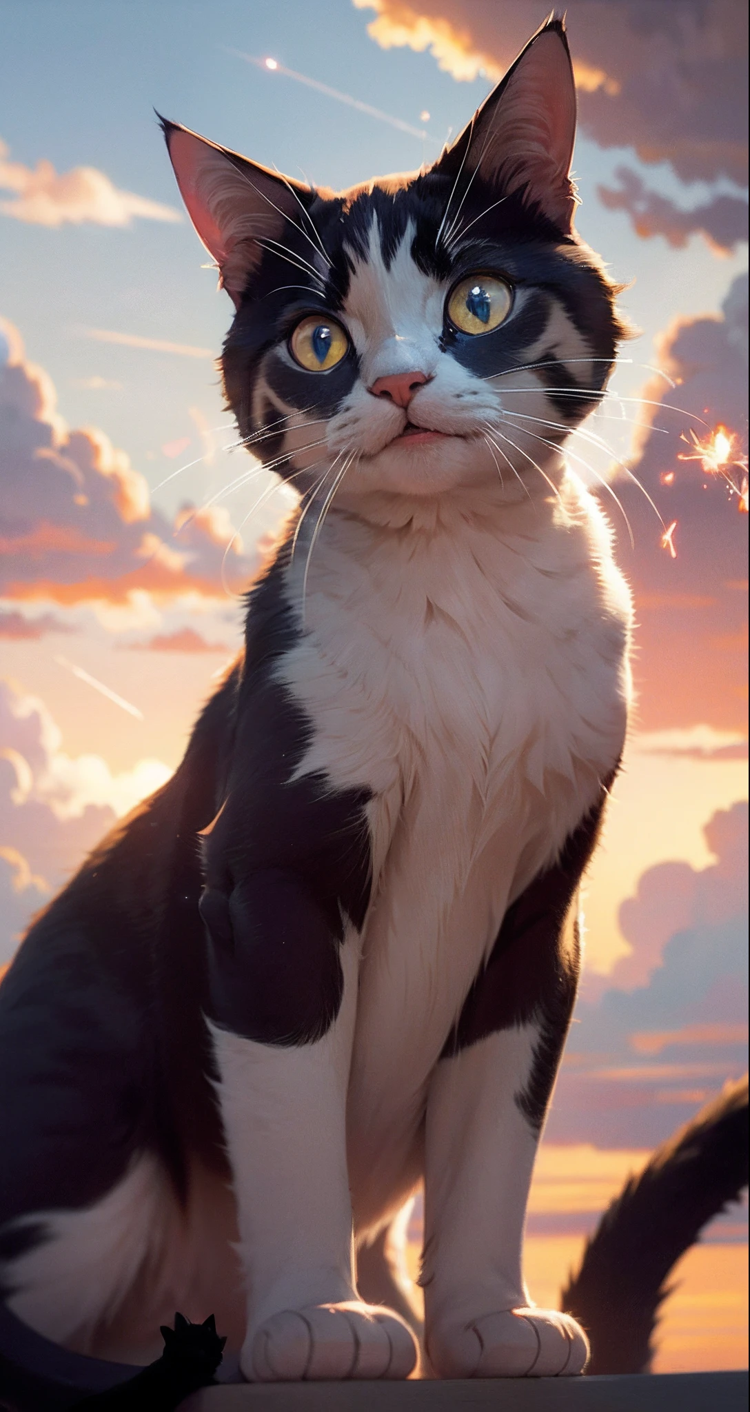 tmasterpiece, beste-Qualit, filmstill, 1 cat, Cat from the clouds, soaring in the sky, a closeup of a, The vibrant, a happy, warm soft lighting, Sundown, (sparks: 0,7)
