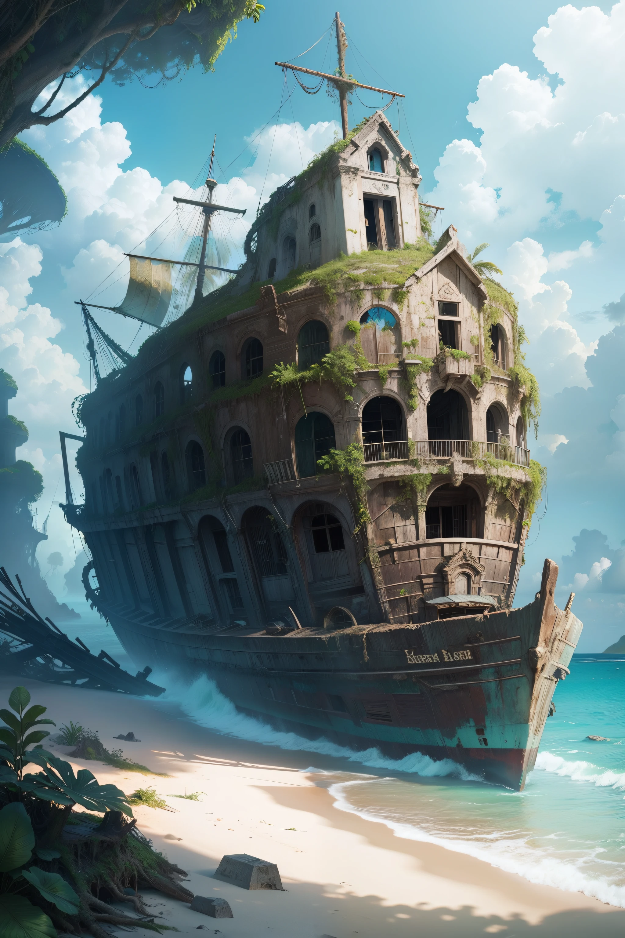 Ancient shipwreck overgrown with plants on a tropical beach