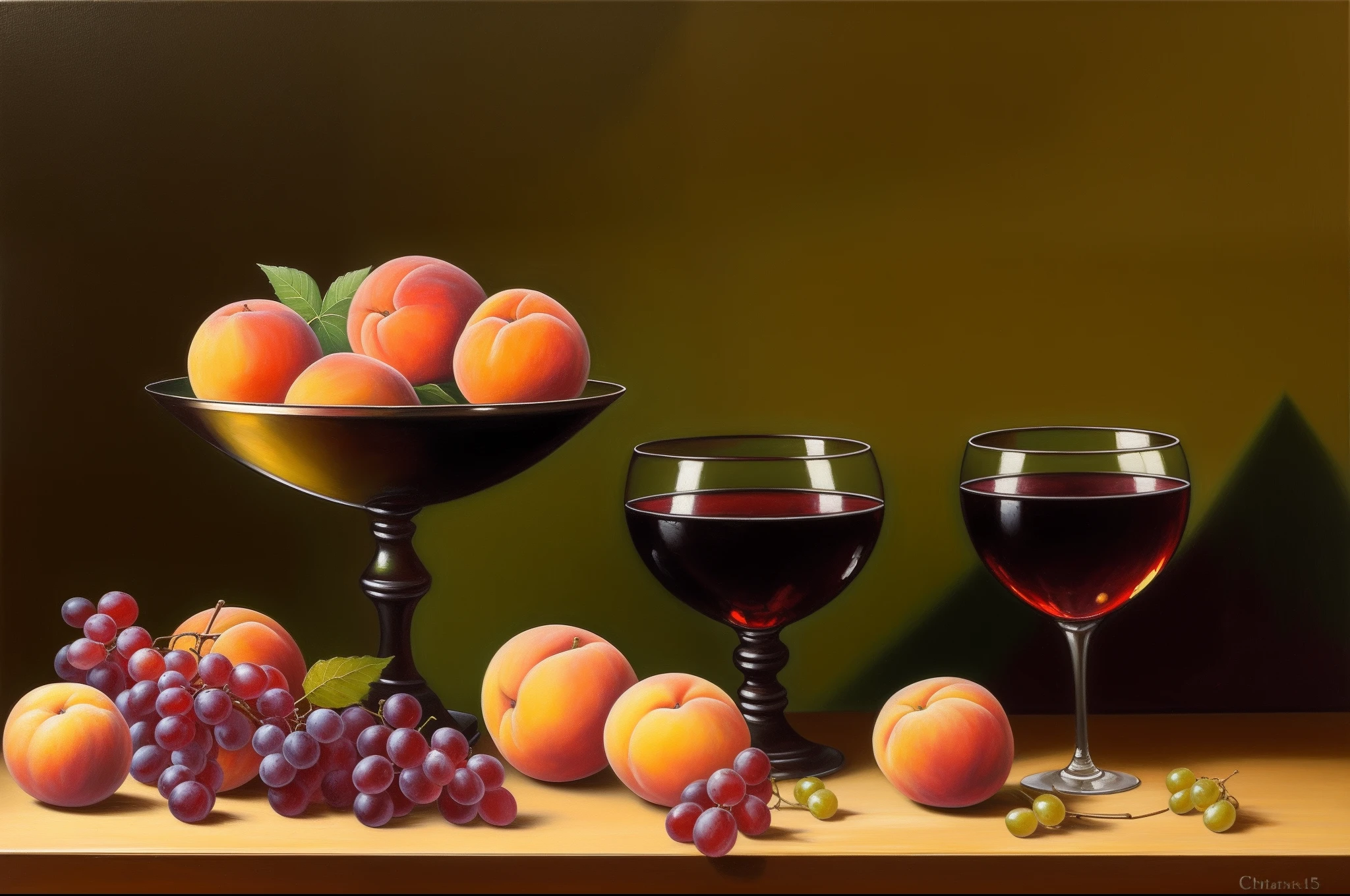 ((Oil painting1.5)) Two cups of wine, a peach, red grapes, green grapes, wood table, still life, chiaroscuro, impasto.