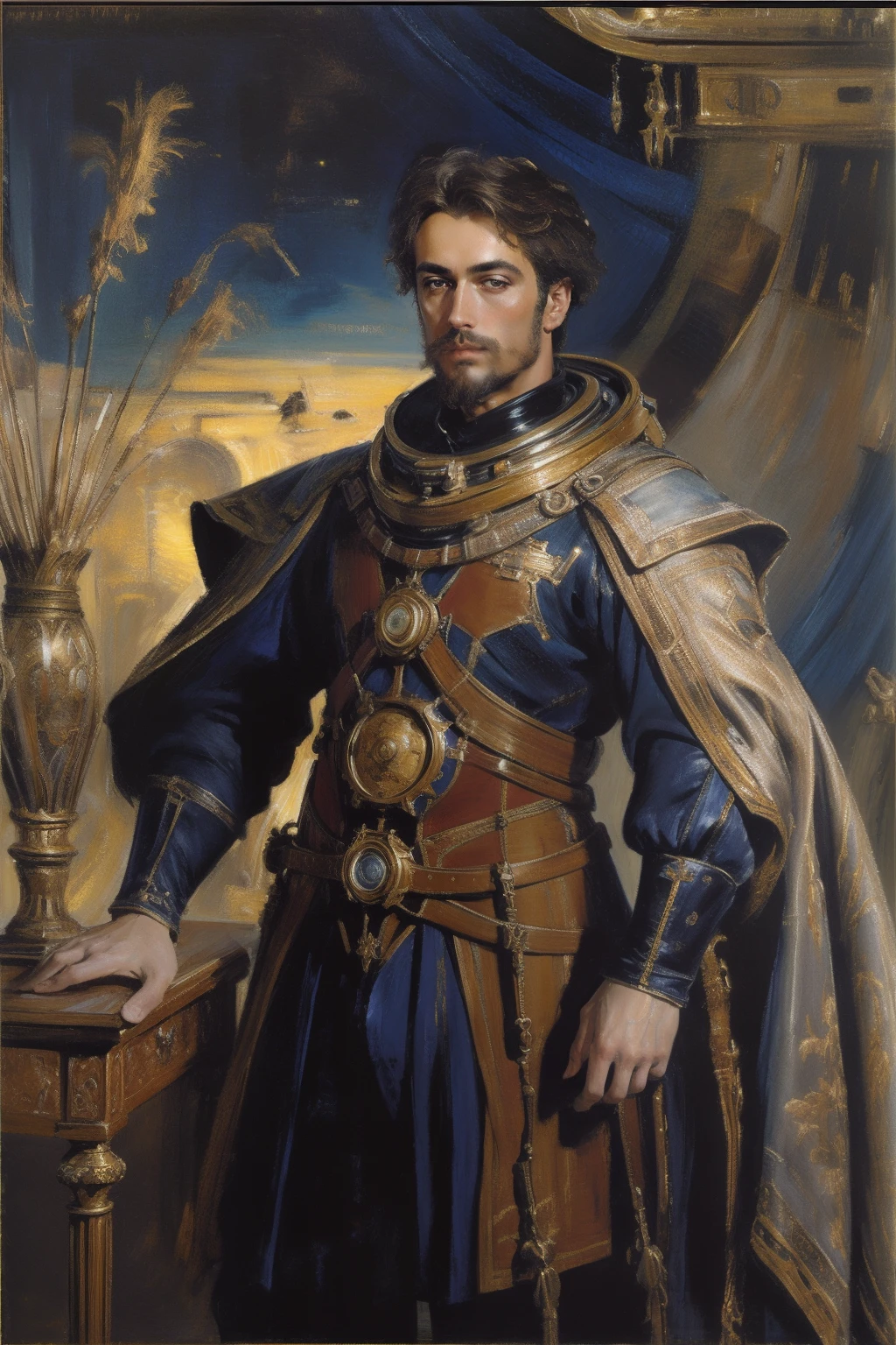 Oil paints,acrycle painting,tmasterpiece,Renaissance style,(Masterpiece, Top quality, Best quality, offcial art, Beautiful and aesthetic:1.2), The painting depicts scenes of breathtaking images of magnificent spaces。The picture shows a man wearing a spacesuit,Facing the audience,Look at a blue glowing planet in space,The scene is highly-detailed,Clarity is extraordinary,Every intricate detail of the panorama is captured,the background is the milky way galaxy