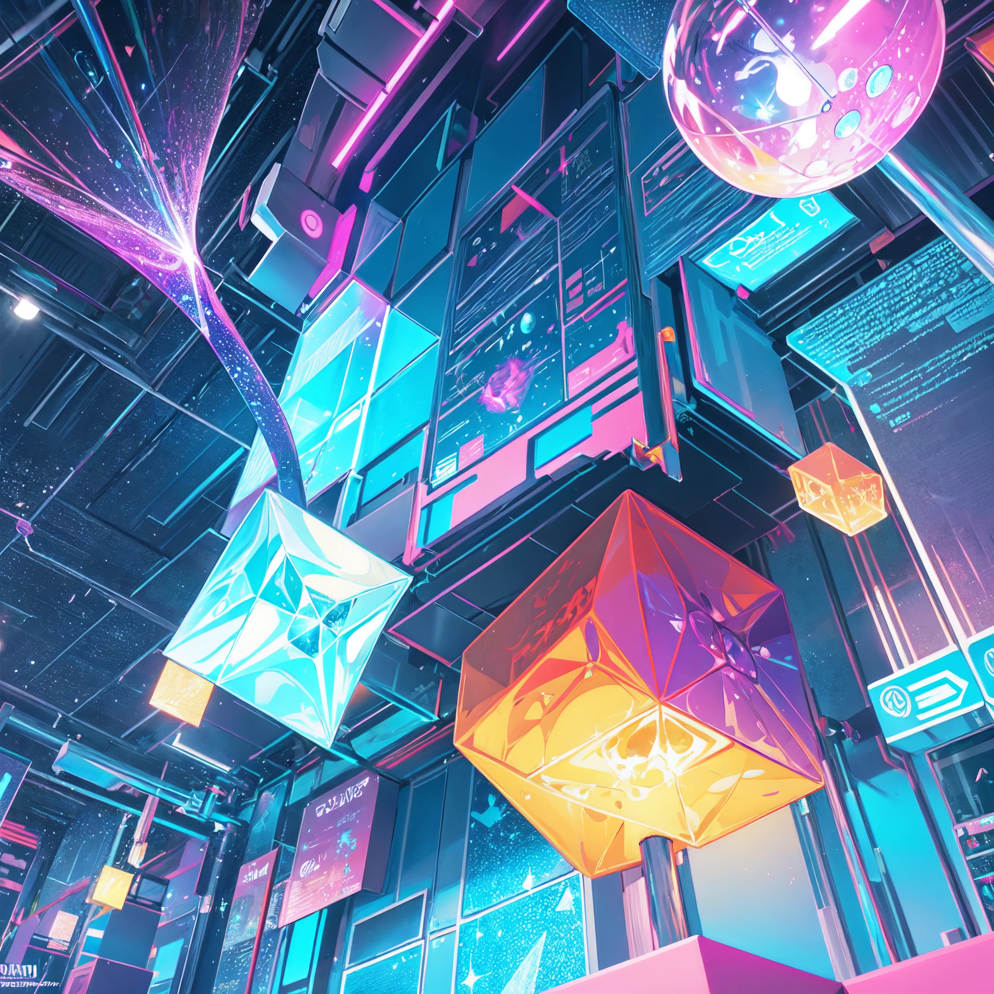 cube, magical, shinny, colourful, beautiful, reflection, fantasy, abstract, 4d , sun lighting, rim lights, sparkles, bloom,cool, bright colours, shinny , masterpiece, high quality, crystal, neon, wallpaper HD quality crystal neon wallpaper, abstract, art, colourful vibrant colours light, science, scifi, crystal skull, bones, shapes, quantum physics
