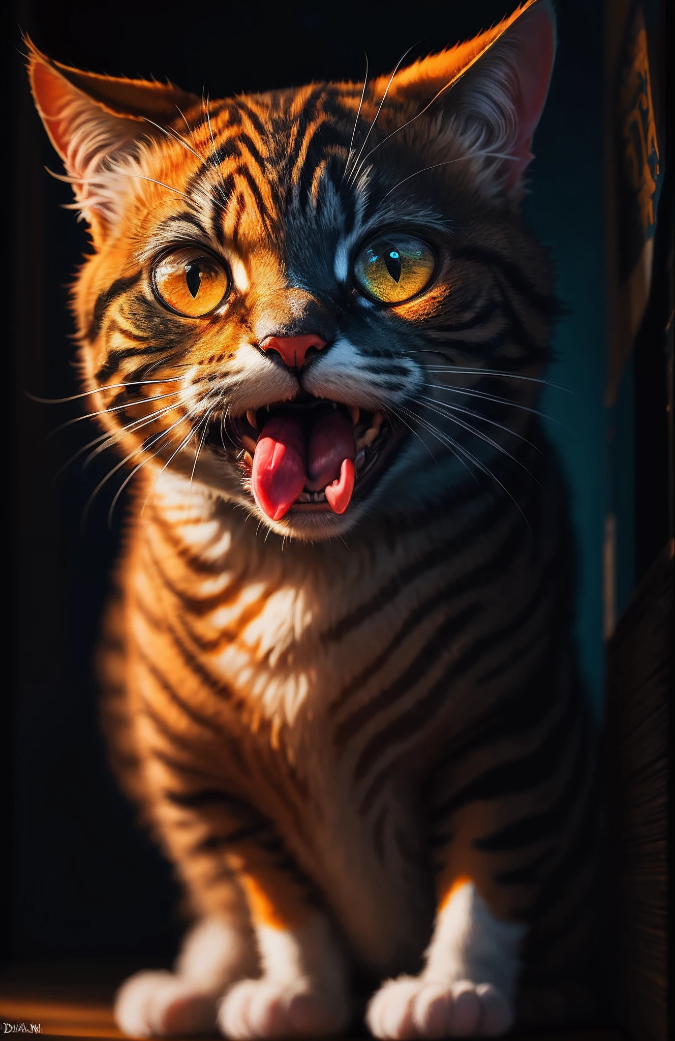 cat, orange, fat, garfield, no_humans, depth of field, disney style, DARK_Glam, wearing DRK_Glam, deep shadow, (dark: 1.4), (8k, RAW photo, best quality, masterpiece: 1.2), big expression happy with mouth