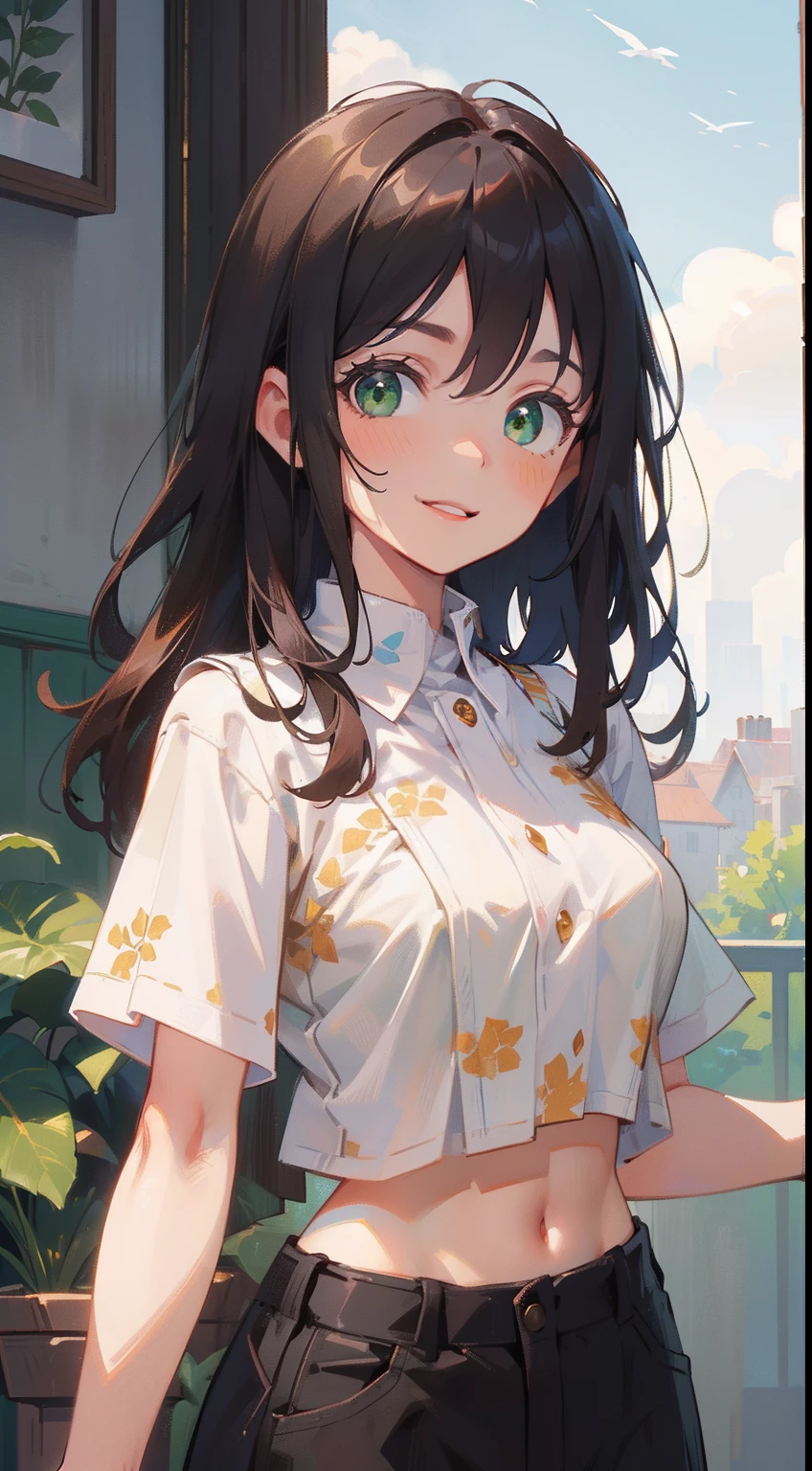 (masterpiece), (best quality), ultra high res, upper body, medium long shot, MLS, volumetric lighting, trending on artstation, pixiv, by sakimichan, george kamitani, akira yasuda, alphonse mucha, greg rutkowski, gil elvgren, william-adolphe bouguereau, oil on canvas, ((1 mature woman, solo)), very stunning and gorgeous mature woman, beautiful detailed hair, chestnut brown hair, smooth long hair, beautiful detailed face, perfect feminine face, ((beautiful shape eyes, green eyes)), smiles, open lips, happy face, look at the viewer, simple croptop