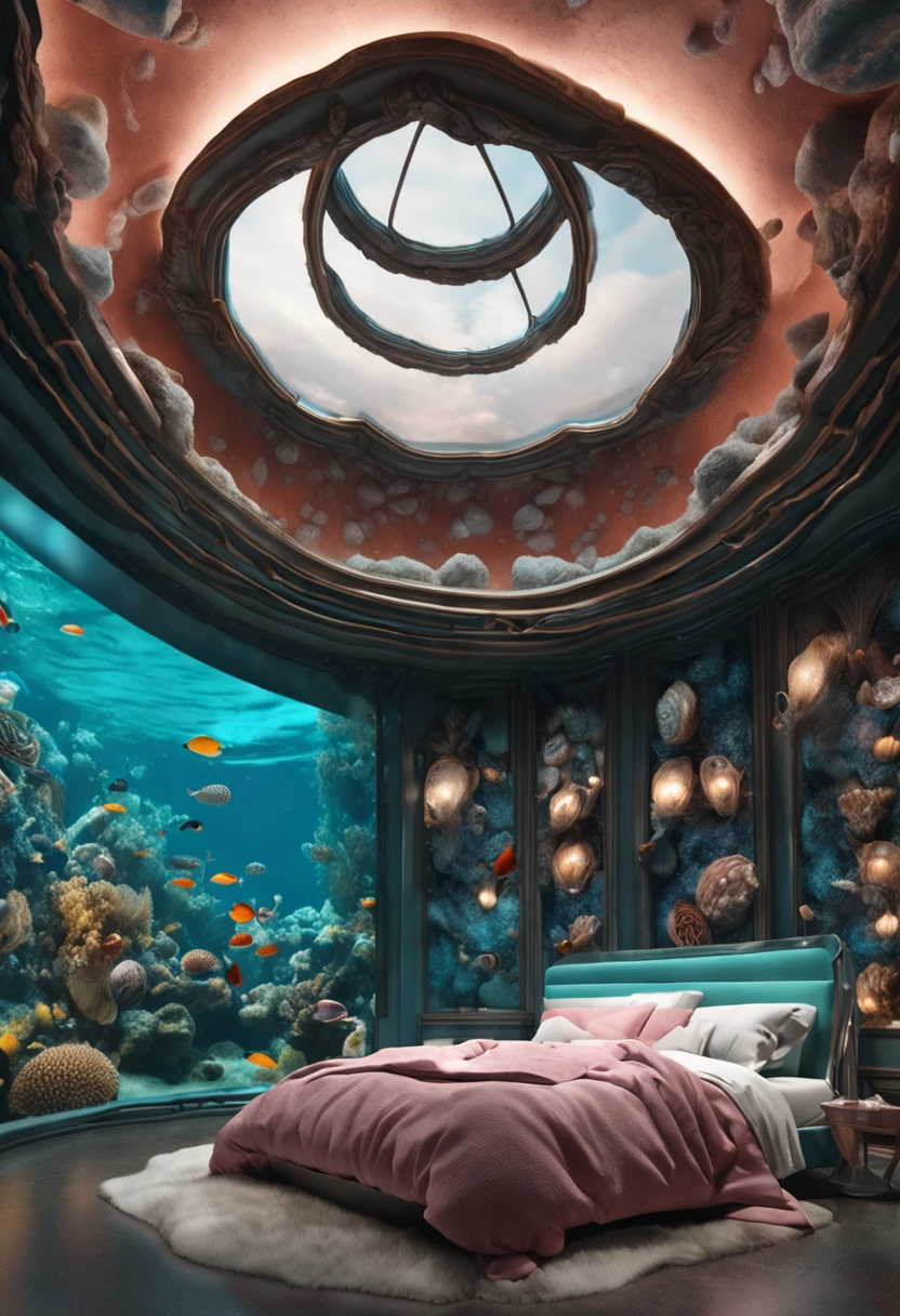 hyper realistic photo, ultra detailed photograph of a beautiful mermaid bed, fluffy seashell pillows, mermaidcore, photorealistic, iridescent, hyperrealism, opal blankets, pool above bed, glass aquarium, foamy, wavy, sexy, Ultra photoreal, Intricate details, Ultra detailed, elegant photorealistic, great high details, hyper real photo, 8k, extreme quality, mirrors, flowers, jewels, coral, full room, exotic, glimmering lights, magical, bioluminescence