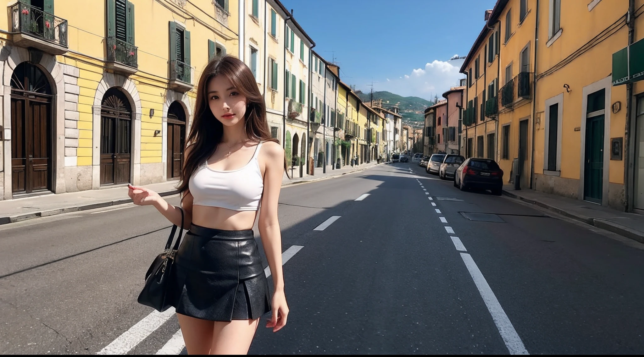 Beautuful Women、a miniskirt、Line-of-sight camera,Italy,during daytime