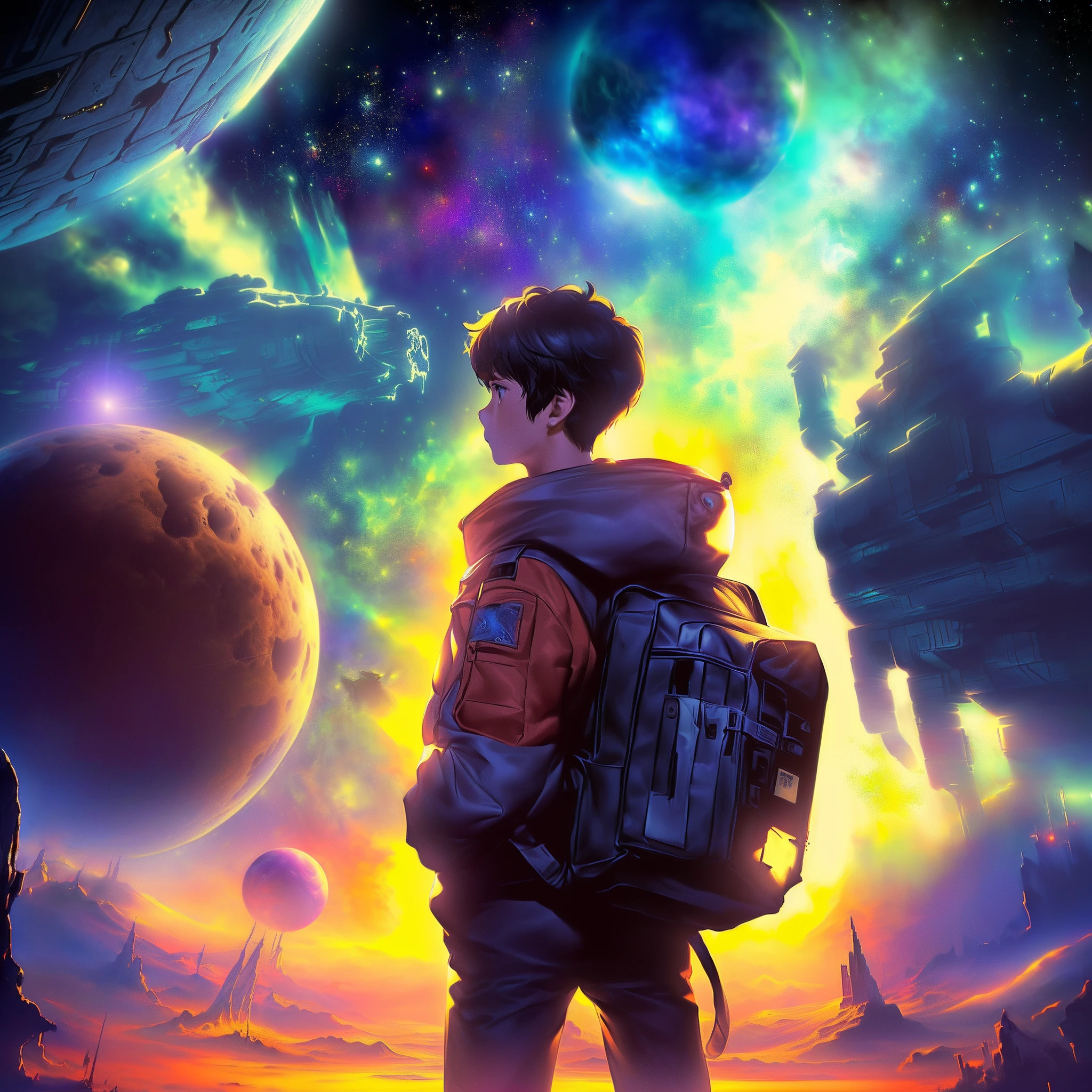 Boy standing in front of the space station，Carry backpacks and alien creatures, A boy looks at an anime poster for the space station，There is a huge alien on it, Artistic cover, borne space library artwork, Space travelling, front cover of a new video game, another planet, poster for, by Yang J, author：Qu Leilei, metaverse concept art, background artwork, epic lost in space, lonely astronaut, Cover art, author：tooth wu, space dream, infinite celestial library