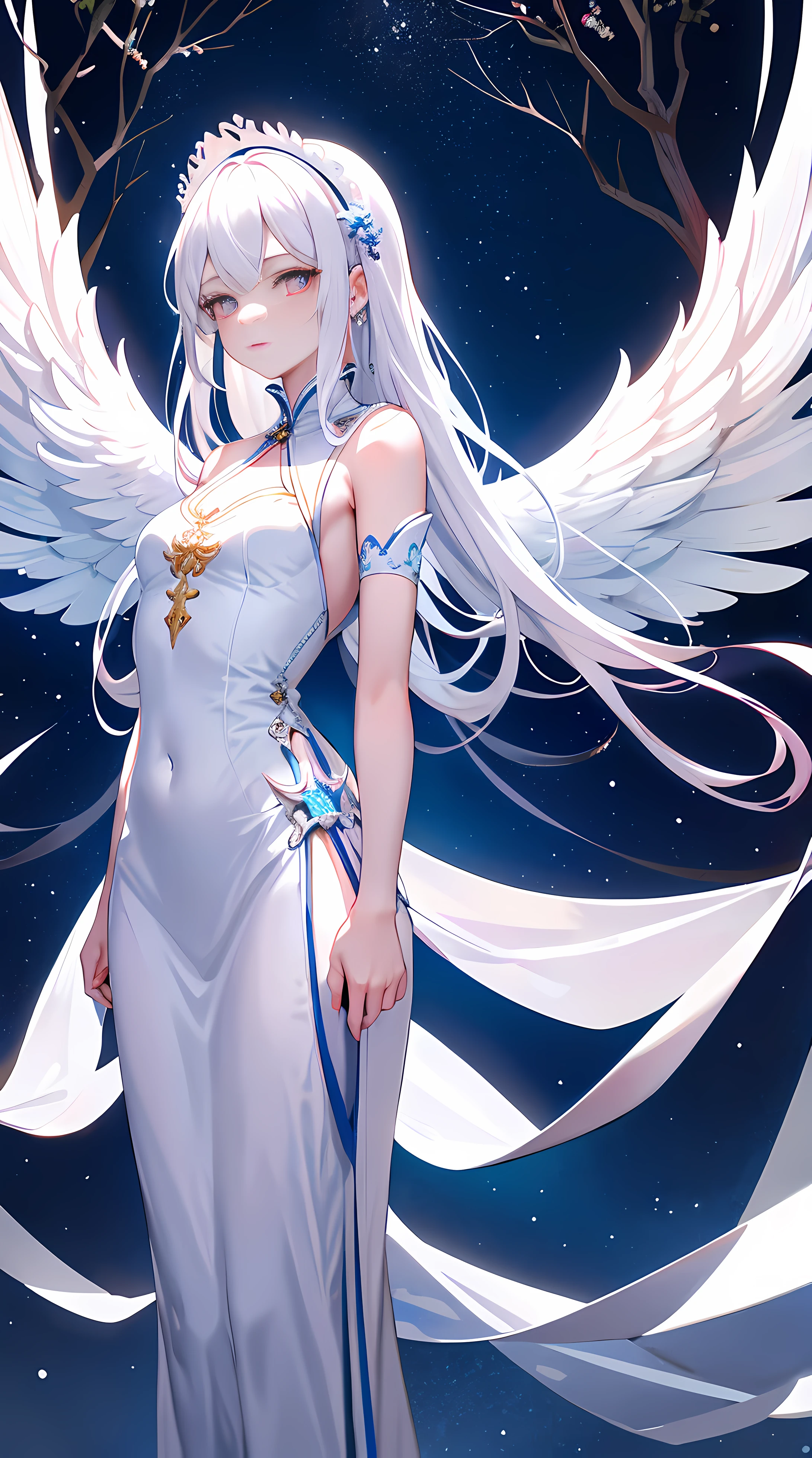Best masterpiece quality,Magical delicacy,Showing 1 innocent girl,She has white hair,Pure, Immaculate。She has pink eyes,Like the eyes of an angel。She spreads her wings,Elegant posture,arms back behind,There is a hint of seriousness。It is surrounded by blue skies and trees,It creates a serious and tranquil atmosphere。