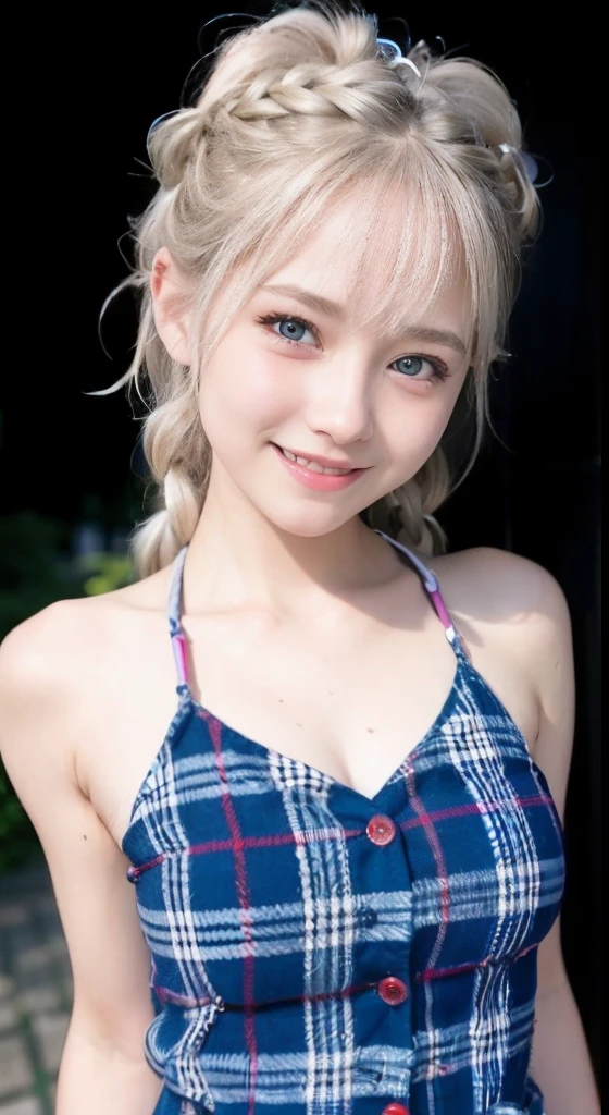 (ultra-detailliert), Tartan check jacket,high-school uniform、Blue eyes,The upper part of the body、a closeup、faces、(A smile:1.5),(facing front:1.2), 20yr old, teens girl,no tail,(no tail),2D, masterpiece, top-quality, animesque, A detailed eye, A detailed face, girl with, Only 1 person,Silver medium hair, (Silvery head hair), Ear Hair, small tits, Single braid, (Single braid), (Side braid), Pink ribbon, Ribbon around the neck, Background bokeh