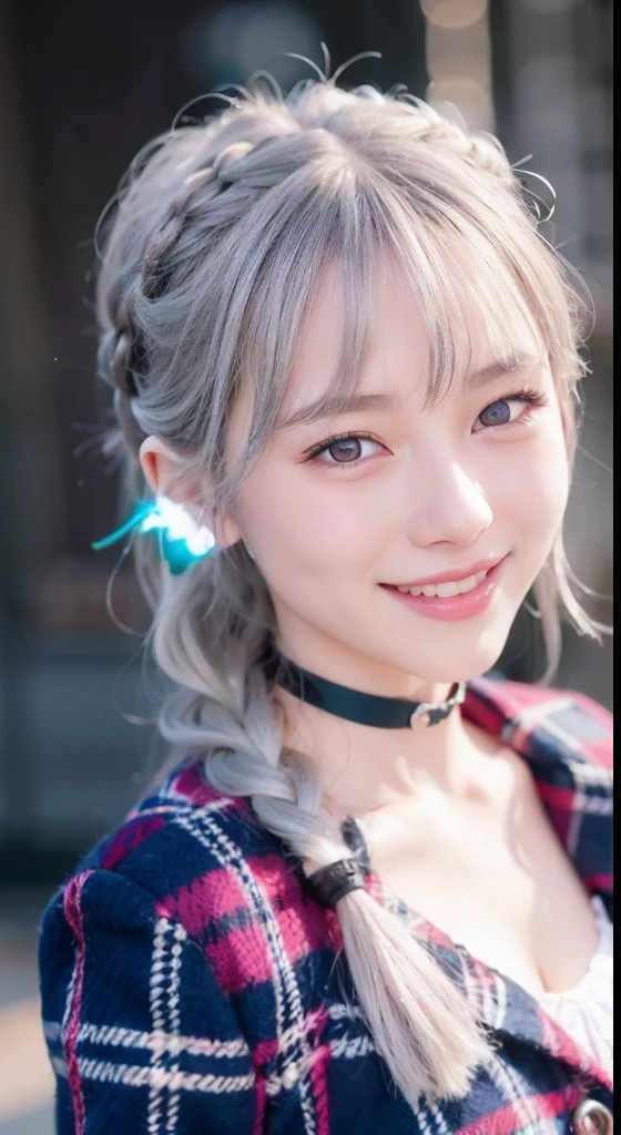 (ultra-detailliert), Tartan check jacket,high-school uniform、Blue eyes,The upper part of the body、a closeup、faces、(A smile:1.5),(facing front:1.2), 20yr old, s girl,no tail,(no tail),2D, masterpiece, top-quality, animesque, A detailed eye, A detailed face, girl with, Only 1 person,Silver medium hair, (Silvery head hair), Ear Hair, small tits, Single braid, (Single braid), (Side braid), Pink ribbon, Ribbon around the neck, Background bokeh