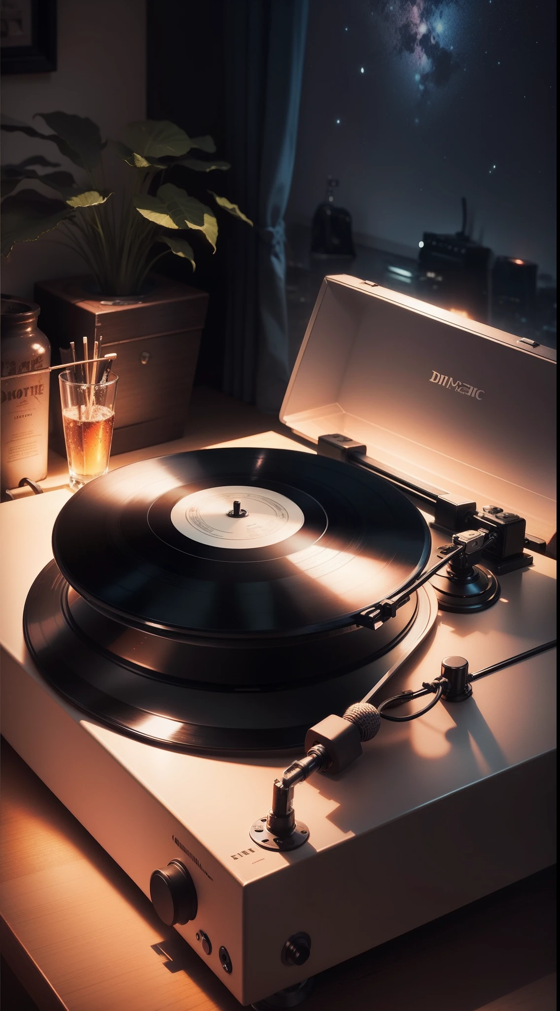 Music playing, vinyl record player, night, feeling of atmosphere, dim lights