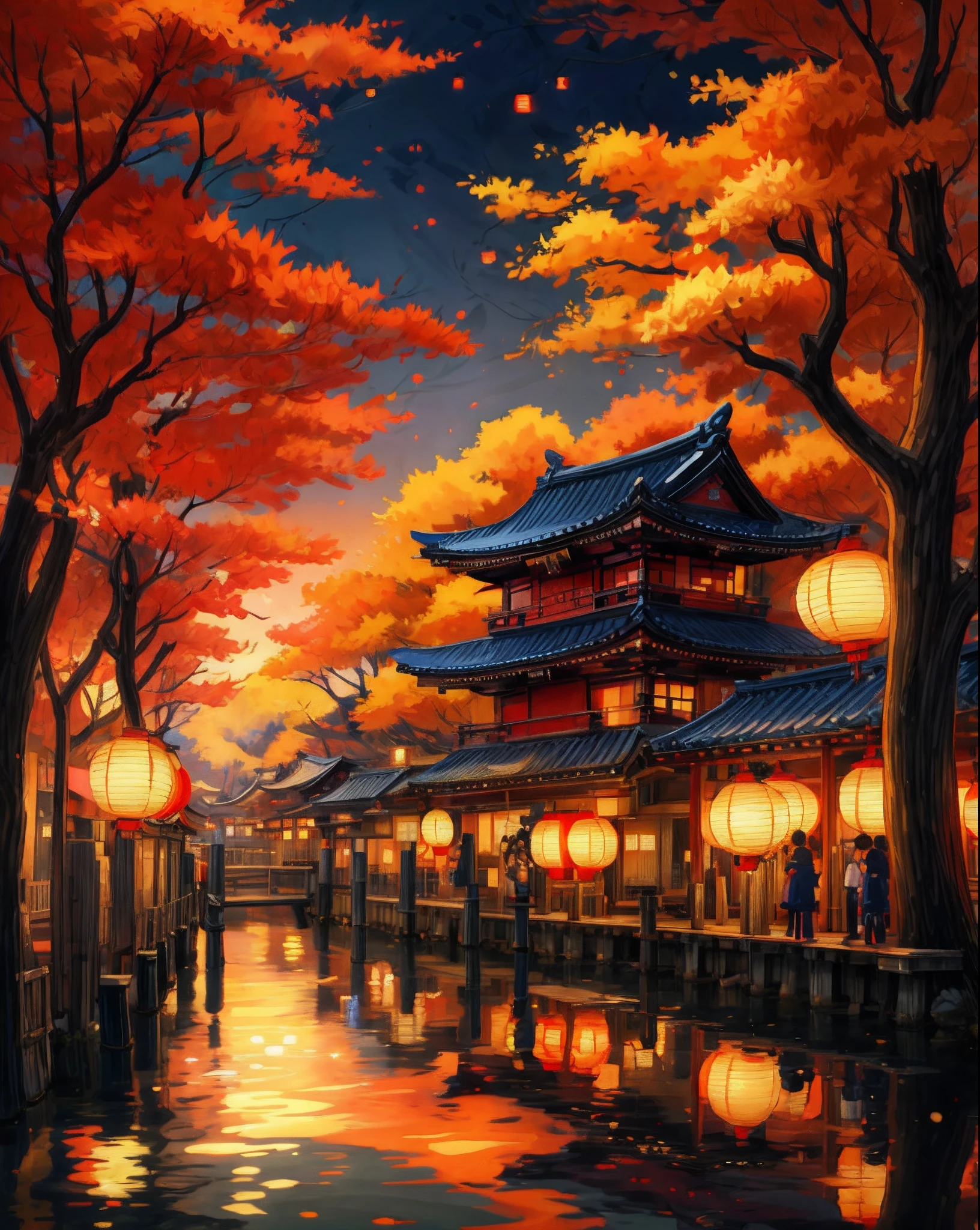 painting of a japanese village with lanterns and people walking on the water, japanese city, japanese town, colorful kitsune city, japanese art style, detailed painting 4 k, japanese street, beautiful art uhd 4 k, japanese city at night, anime art wallpaper 4k, anime art wallpaper 4 k, dreamy chinese town, anime art wallpaper 8 k