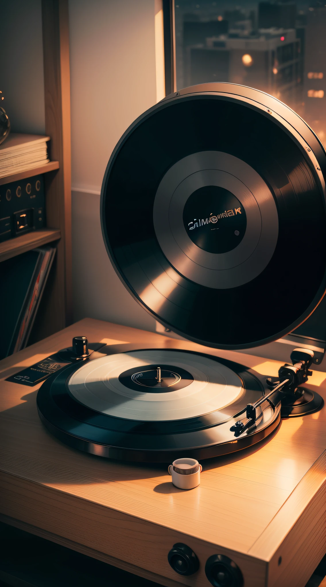 Music playing, vinyl record player, night, feeling of atmosphere, dim lights