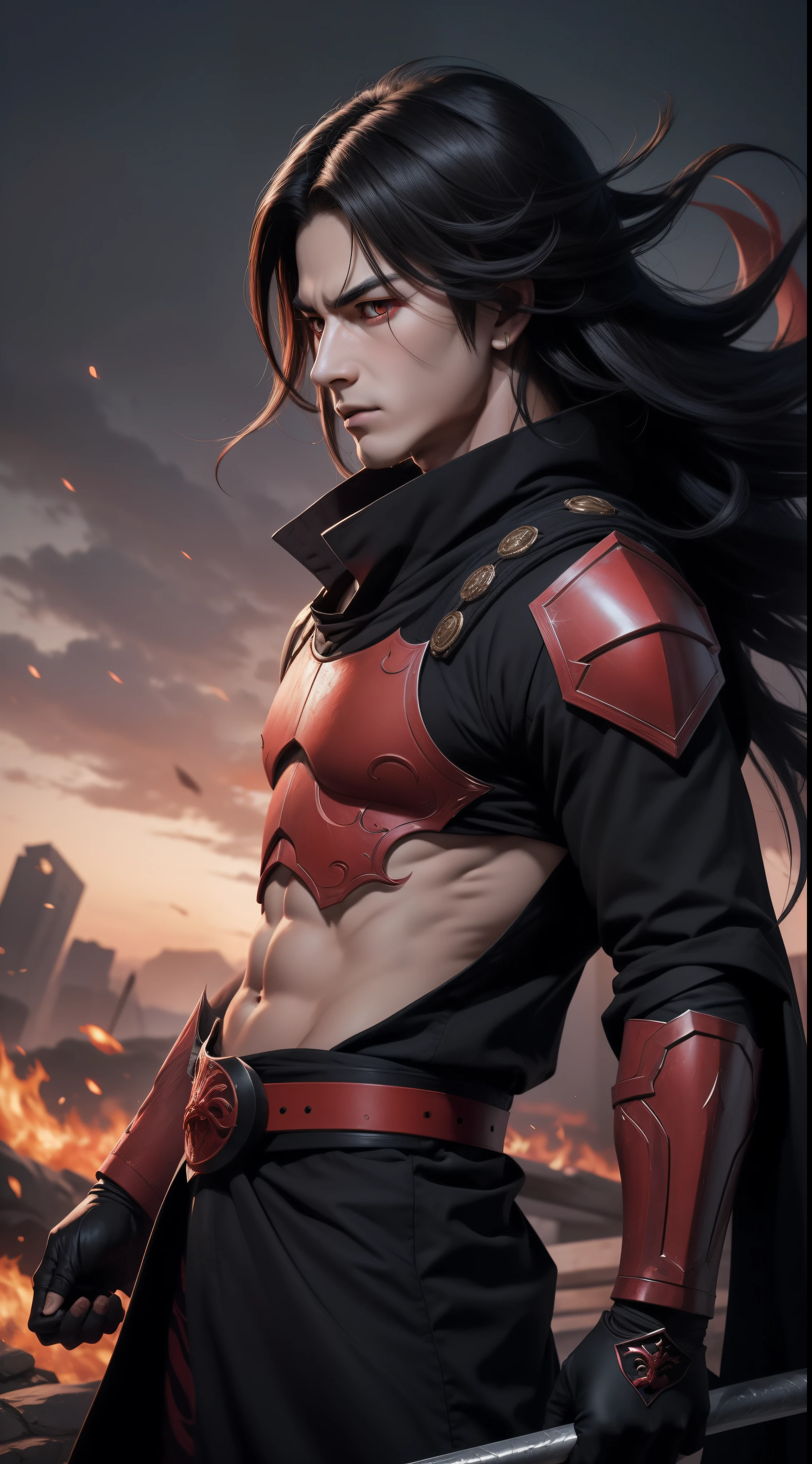 Hot profile picture, masterpiece, solo, extremely accurate rendering, cool beautiful Madara, reliable young man, savior of the world, simple design, best picture, 8K, red eyes pale, the same color as the original demon ninja.