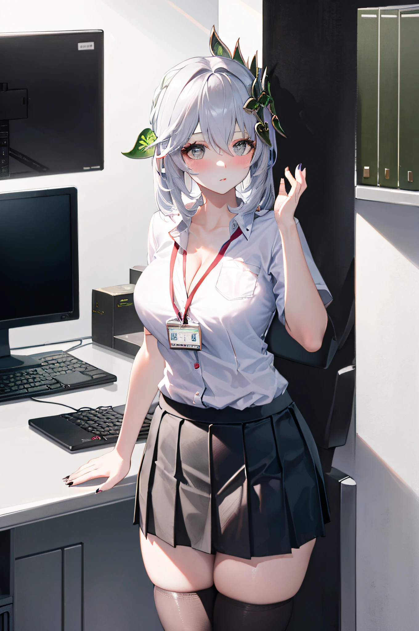 Silver wolf, honkai star rail, 1girl, solo, ((white shirt)), black thighhighs, breasts, cleavage, uniform, office background, black skirt, pleated skirt, office, hair between eyes, hair ornament, large breasts, long hair, looking at viewer, silver short nails, grey eyes, solo, thighhighs, thighs, ((masterpiece)), sitting, chair, desk, computer on desk, name tag, id tag, indoor, blush, sexy pose, hands behind, ((office top)),