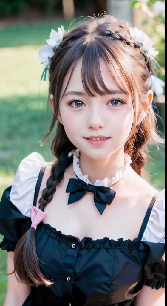 (ultra-detailliert), Frontal Face,head shot, Front view,Cute princess dresses in black color,(frilly dress),(shortsleeves),Blue eyes,The upper part of the body、a closeup、faces、(A smile:1.5),(facing front:1.2), 20yr old, teens girl,no tail,(no tail),2D, ​masterpiece, top-quality, animesque, A detailed eye, A detailed face, girl with, Only 1 person,Silver-haired medium hair, (a blond),  Ear Hair, small tits, Single braid, (Single braid), (Side braid), Pink ribbon, Ribbon around the neck, (White sleeves), seaside backgroud