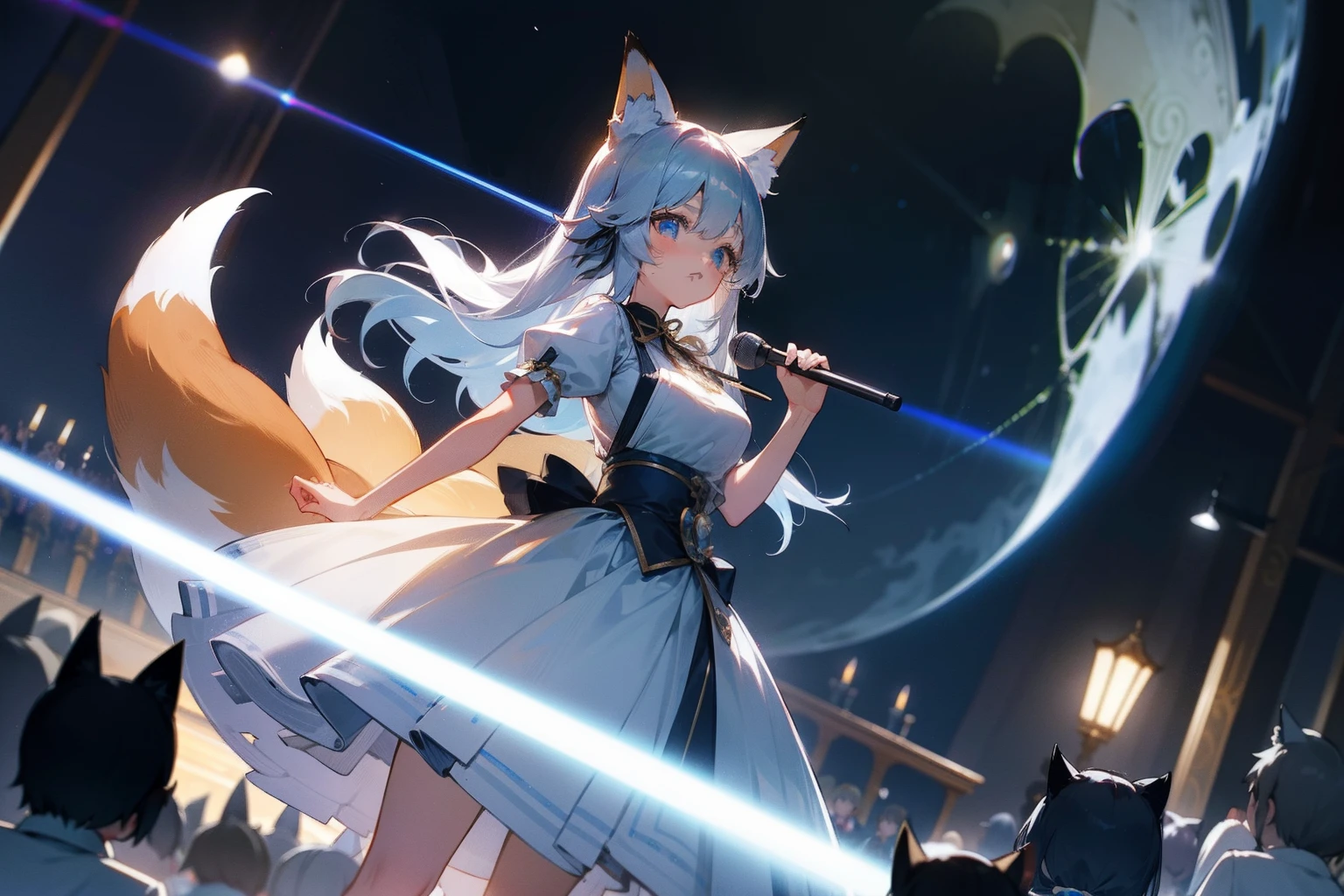Lori、14years 、Height 149cm、Enigmatic sister、Best Quality、Show from head to waist、a baby face、Rounded face、Short stature、large full breasts、shiny long silver hair、Large ribbon、light blue  eyes、kawaii、((Fox ears))、Idol dancing on moonlit bandstand。Flipping skirt、Composition from behind、Beauty in return、Overhead view