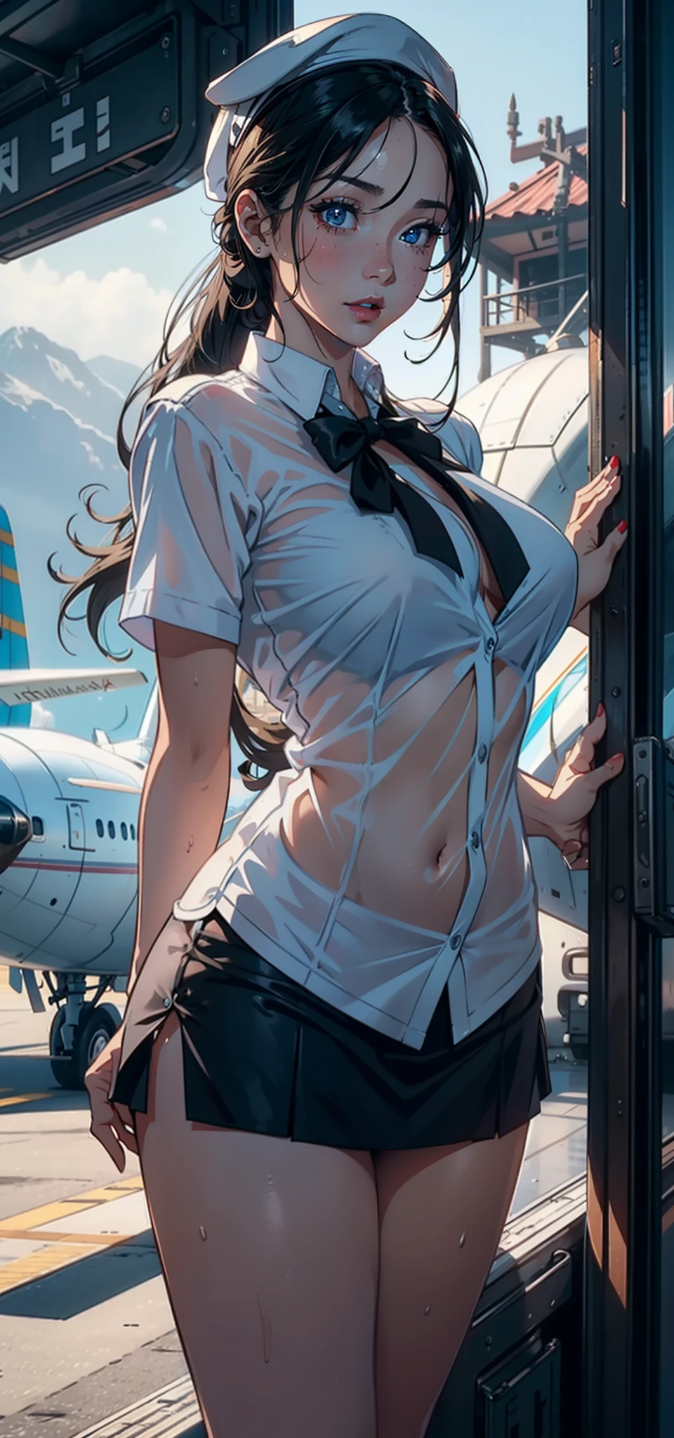1womanl,33yo,熟妇,Bigchest,Raised sexy,Pornographic exposure, 独奏,Beauty contests,standing on your feet(Background with:aerodrome,snow mountains,Planes,at winter season,Blizzarding,Big snowflakes)in an airplane, She has long blonde hair,Long hair flutters in the wind,Redlip,Black girl,dynamicposes,Sweat profusely,drenched all over the body,seen from the front, hair straight, mostly cloudy sky,(((tmasterpiece),(Very detailed CG unity 8K wallpaper),best qualtiy,cinmatic lighting,detailed back ground,beatiful detailed eyes,Bright pupils,(Very fine and beautiful),(Beautiful and detailed eye description),Blue eyes,Redlip,ultra - detailed,tmasterpiece,)),facing at camera,(The upper part of the body),A high resolution,ultra - detailed),revealing breasts,Bare genitalia, Bulge,legs are open,sexyposture,Camel toes,Flushed complexion,Open-mouthed,frontage,stewardess,Sailor's cap(Wearing:White transparent flight attendant shirt,Large colored bow tie,Sexy black miniskirt,Bare breasts)