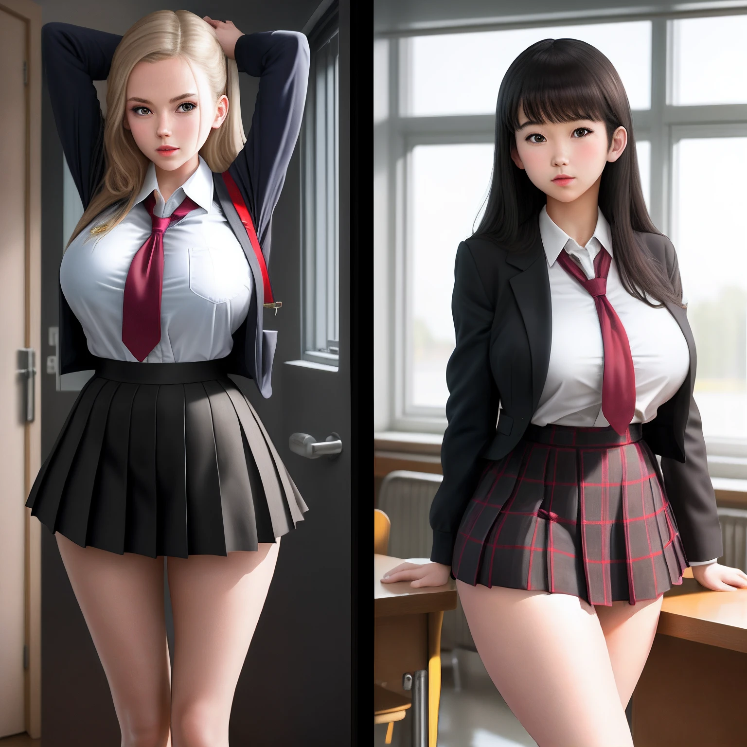tmasterpiece,best qualtiy,ultra - detailed,illustratio,Colorful,Falt color,depth of fields,lens flare glow,1girl,anime big breast,sitted,brunette color hair,looking at viewert,schools,Classroom,Pleated miniskirt,校服,serafuku,black pantyhoses,Detailed skin texture,Fine cloth texture,Nice and delicate face,See panties,比基尼