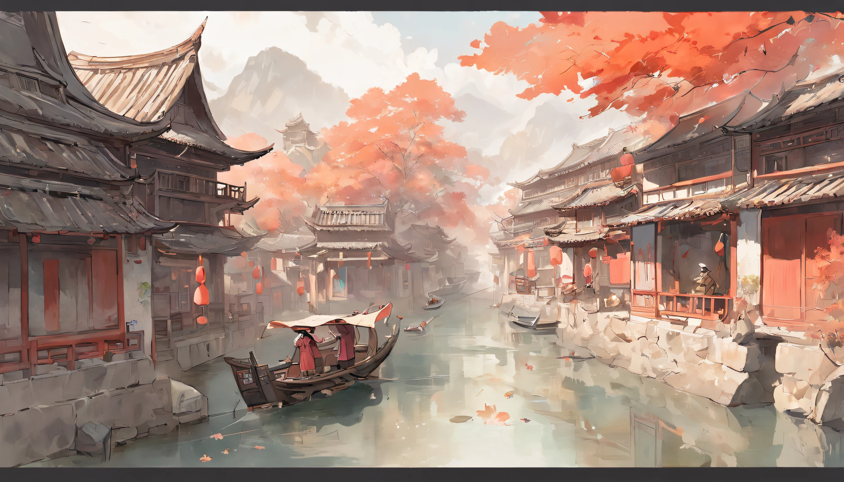 Art graphics, Big fish begonia illustration style，River paintings of boats and buildings in the background, chinese artist, Chinese watercolor painting, Chinese Ancient Architecture, landscape artwork, Chinese watercolor style, dreamy Chinese towns, Chinese Village, Chinese watercolor painting, author：Shen Shizhen's highly detailed cleaning, Authentic illustrations，of the highest quality，Artistic