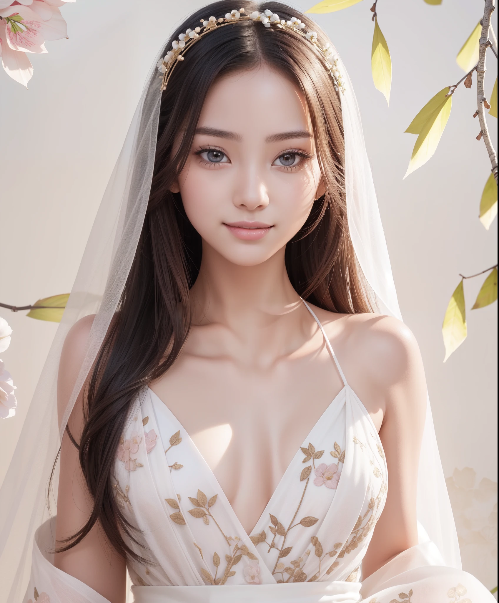 BREAK, (1girl:1.3), solo, looking at viewer, (young cute beautiful 18-year-old girl:1.4), 3d face, (hand of Guido Daniele:1.4), beautiful girl, Beautiful face, pretty, girlface, kpop idol,  supermodel, stunning innocent symmetry face, perfect body, medium breast, slim waist, slim legs, (high detailed skin:1.5), glowing eyes, goddess, natural skin texture, shiny skin, White skin, Beautiful detailed face, detailed face, real skin texture, cute delicate face, finely detailed face, golden ratio, golden ratio face, expressive eyes, perfect face, perfect skin, flawless face, clear face, shiny hair, pale skin, Proper body proportion, perfect anatomy, realistic skin texture, luscious lips, glossy lips, natural makeup, beautiful bright pupils, slender figure, intricate eyes, detailed pupils, detailed face and eyes, longeyelashes, blush, good hand, perfect hands, pretty face, beautiful female bodies, finely detailed skin, oily shiny skin, clean facial features, an extremely delicate and beautiful, cute & girly, beautiful detailed eyes, stars in the eyes, detailed simmetric eyes, perfect smooth skin texture, BREAK, (((((brilliant colors, (Baisuzhen, white hanfu, veil, (((Willow leaf))), warm smile, smile, cute smile, smiling, blush, happy expression, ((floral background)), lake, boat, sky, sexy, slim, long hair, light particles, wallpaper, chromatic aberration:1.4), (A scene of a waterfall cascading down