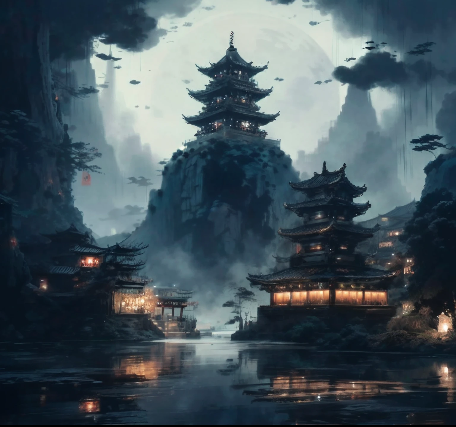 Chinese village poster of pagoda in the background, cyberpunk chinese ancient castle, cyberpunk japanese temple, andreas rocha style, inspired by Andreas Rocha, mysterious temple setting, dreamy Chinese towns, a mystical temple, in style of james paick, Cyberpunk temple, Chinese fantasy, by Yang J, the style of andreas rocha, author:Qu Leilei