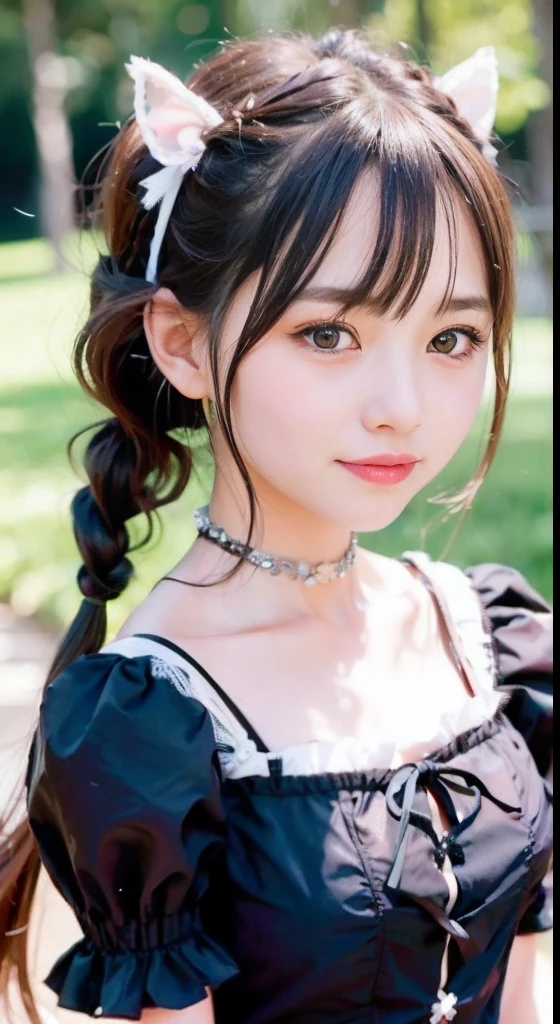 (ultra-detailliert), Cute princess dresses in black color,(frilly dress),(shortsleeves),Blue eyes,The upper part of the body、a closeup、faces、(A smile:1.5),(facing front:1.2), 20yr old, teens girl,no tail,(no tail),2D, masterpiece, top-quality, animesque, A detailed eye, A detailed face, girl with, Only 1 person,Brown Hair Medium Hair, (Brown hair), Ear Hair, small tits, Single braid, (Single braid), (Side braid), Pink ribbon, Ribbon around the neck, (White sleeves), Background bokeh