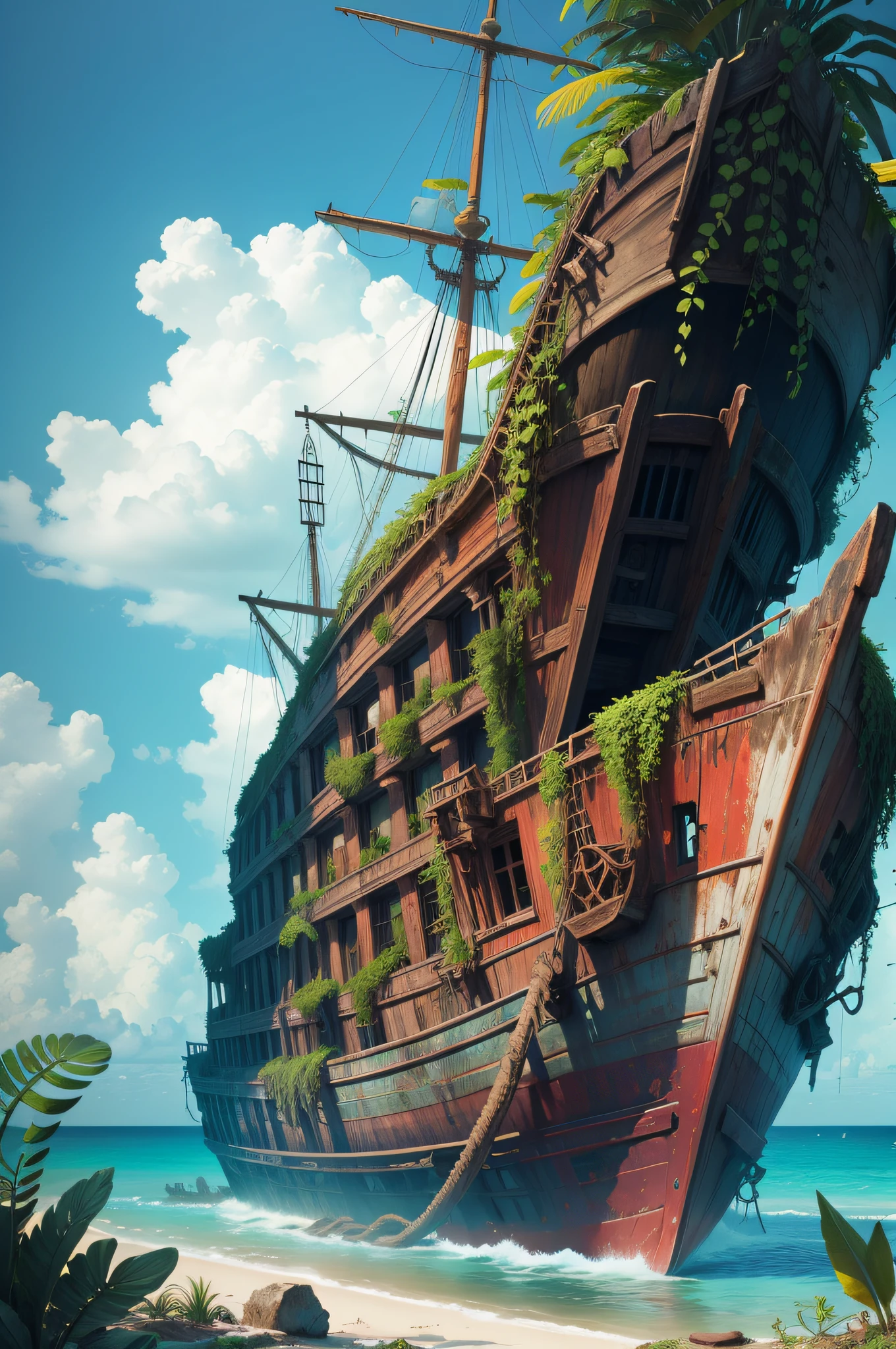 Ancient shipwreck overgrown with plants on a tropical beach Rich in color, high-definition realism, cool colors of the times