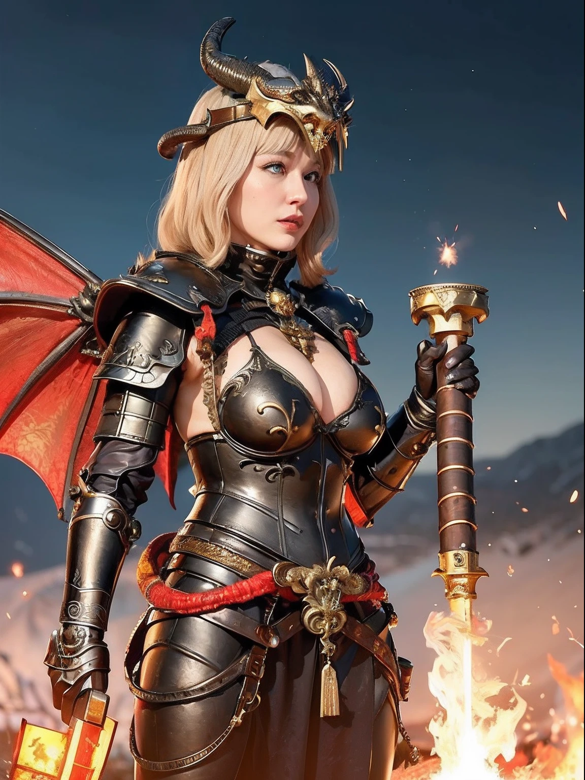 Professional , ​masterpiece、top-quality、photos realistic , depth of fields 、（Dragon Black Metal Body:1.９),(Mattretto、（cleavage of the breast）、Dragon Gold Weapon、（Micro Bikini Armor:1.４),Gorgeous gold weapons ,Particles of light、Particles of light、（（ Dragon's dense and gorgeous sword）） , （demonic wings）、（（a blond））、（Castle background）、Fight dragons、（（Gangle's forest background））、Take intense poses、Beautiful Caucasian beauty、１a person、dynamic ungle,(((Detailed and ornate dragon helmet)))、Smaller head、A smile、Castle background、Thin and beautiful female hands、cleavage of the breast、Soldier in iron armor on background、Mystical expression、Light Effects、intense fighting、Wind-effect、magic circles、With the legendary magic wand、Dragon's tail、explosions、