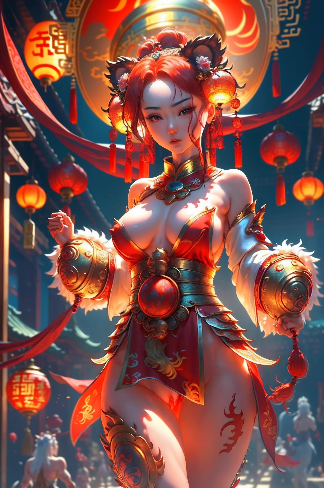 (Masterpiece, Best Quality, Very Detailed, 8K, Wallpaper, Ultra Detail), (RAW Photo: 1.2), Delicate, Detailed, Playful, (naked guanyin girls) Holds a big Lion Head with Both Hands, Dancing, Excited, Red Lantern, Chinese Year, Covered Face, Perfect Body Proportions, Solo, Chinese Clothes, Chinese Style, Red, Lion Dance, Temples, Large full moon, (nsfw: 1.5), (red pubic hair ), (red nipple)