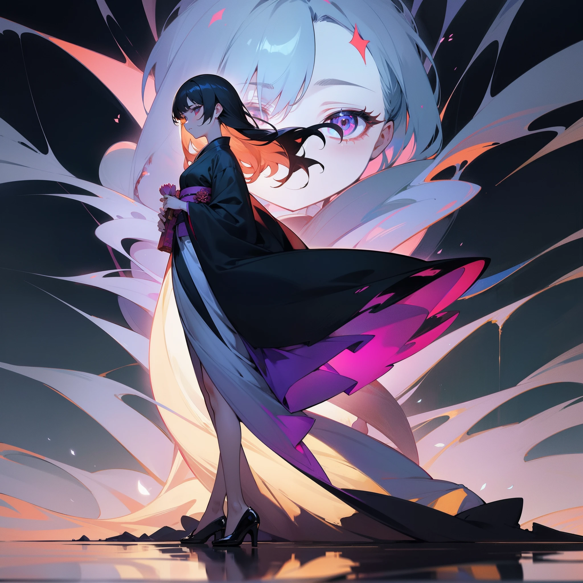 Front view,masterpiece, (best quality), 1 girl, fox tails, fox ears, There are stars in the eyes, Messy and flowing hair, Colored inner hair, Starry sky dots hair, (Many big colorful bubbles), (pearl), (galaxy), depth of field,big breasts,Glasses,, masterpiece, best quality