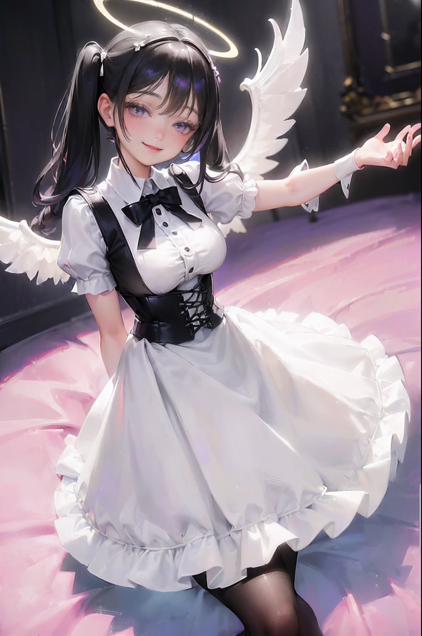 ((white skirt)),((black hair)), ((twintails)), ((white skirt)),((white pantyhose)),((corset)), ((8K)), ((masterpiece)),((detailed halo)),((12 years old)) ((highly detailed face)),((medium breast)),((naughty smile:1.5)),((wing on the waist:1.3)),((purple eyes))